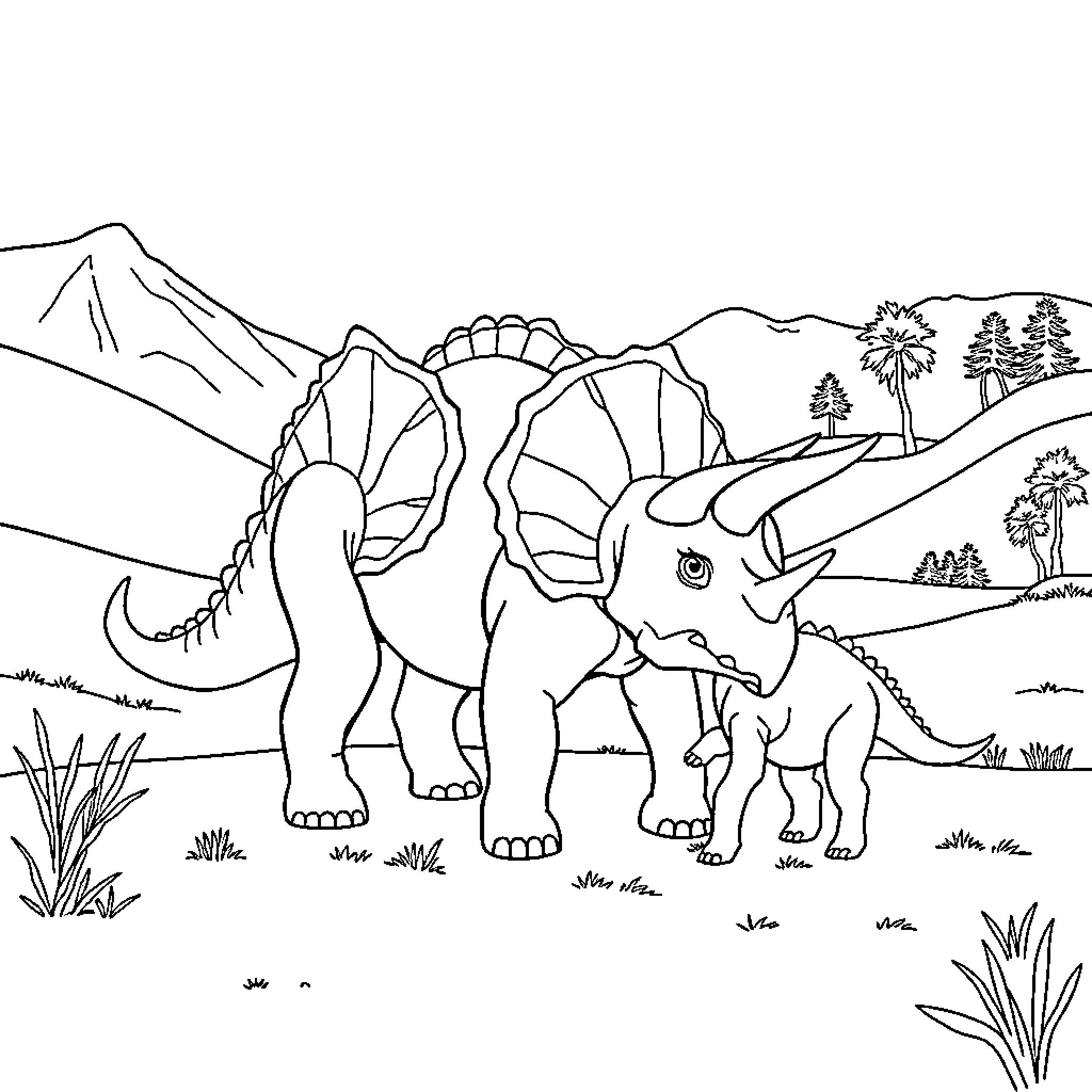 Triceratops family in natural habitat Coloring Page (free black-and-white line drawing printable PDF for all, from beginners to advanced learners, including children, teens, adults, and seniors)