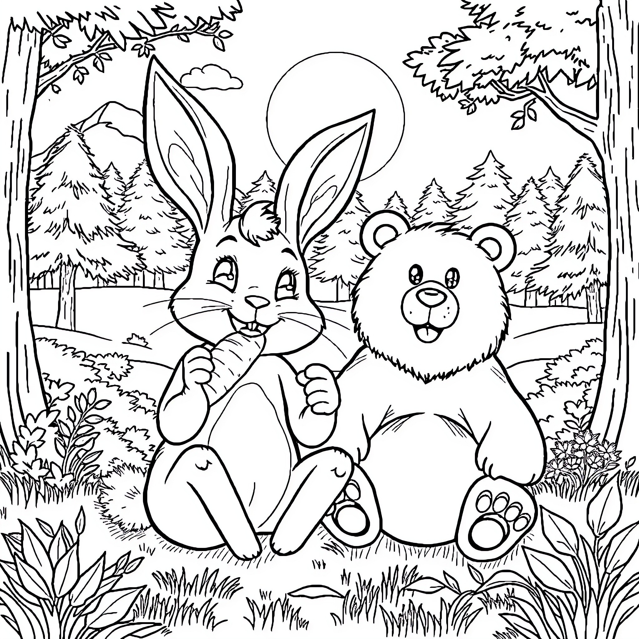 Rabbit and Bear Enjoying the Outdoors Coloring Page (free black-and-white line drawing printable PDF for all, from beginners to advanced learners, including children, teens, adults, and seniors)