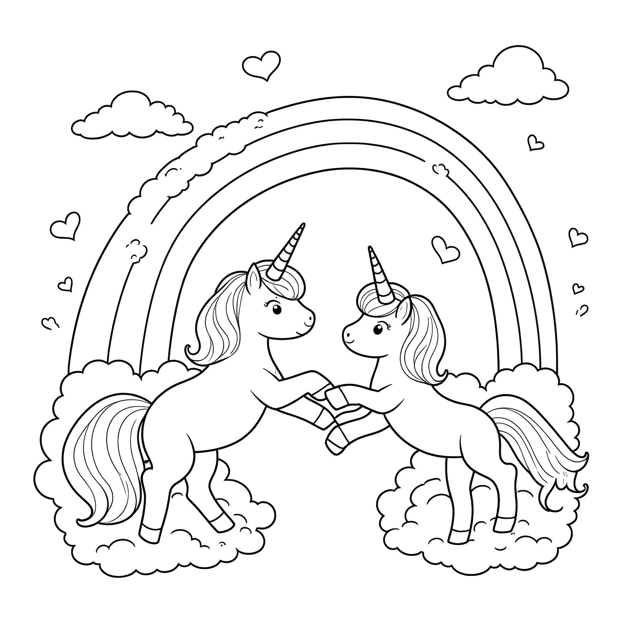 Unicorn friends dancing joyfully under the rainbow Coloring Page (free black-and-white line drawing printable PDF for all, from beginners to advanced learners, including children, teens, adults, and seniors)