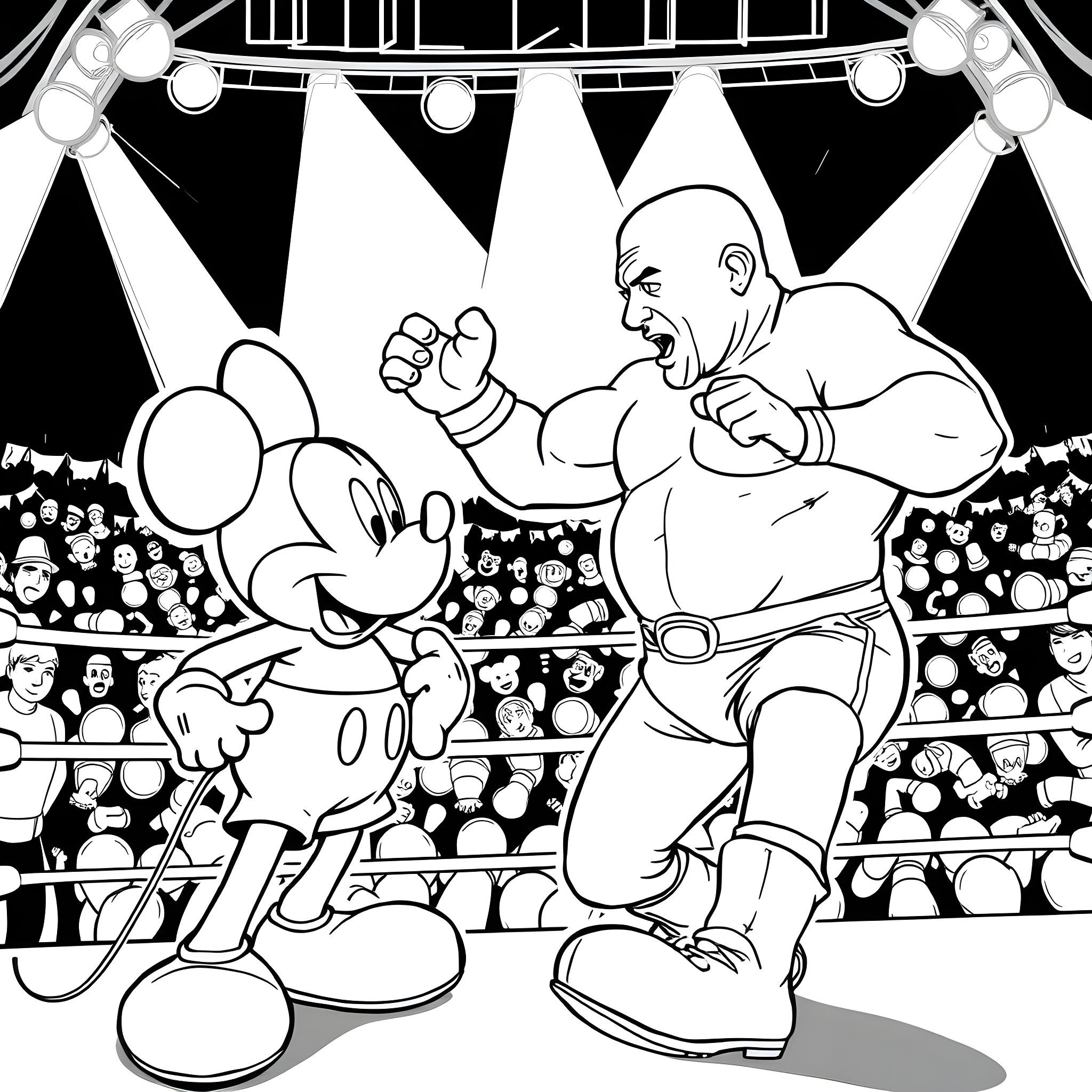 Stone Cold Wrestling Match in the Ring Coloring Page (free black-and-white line drawing printable PDF for all, from beginners to advanced learners, including children, teens, adults, and seniors)