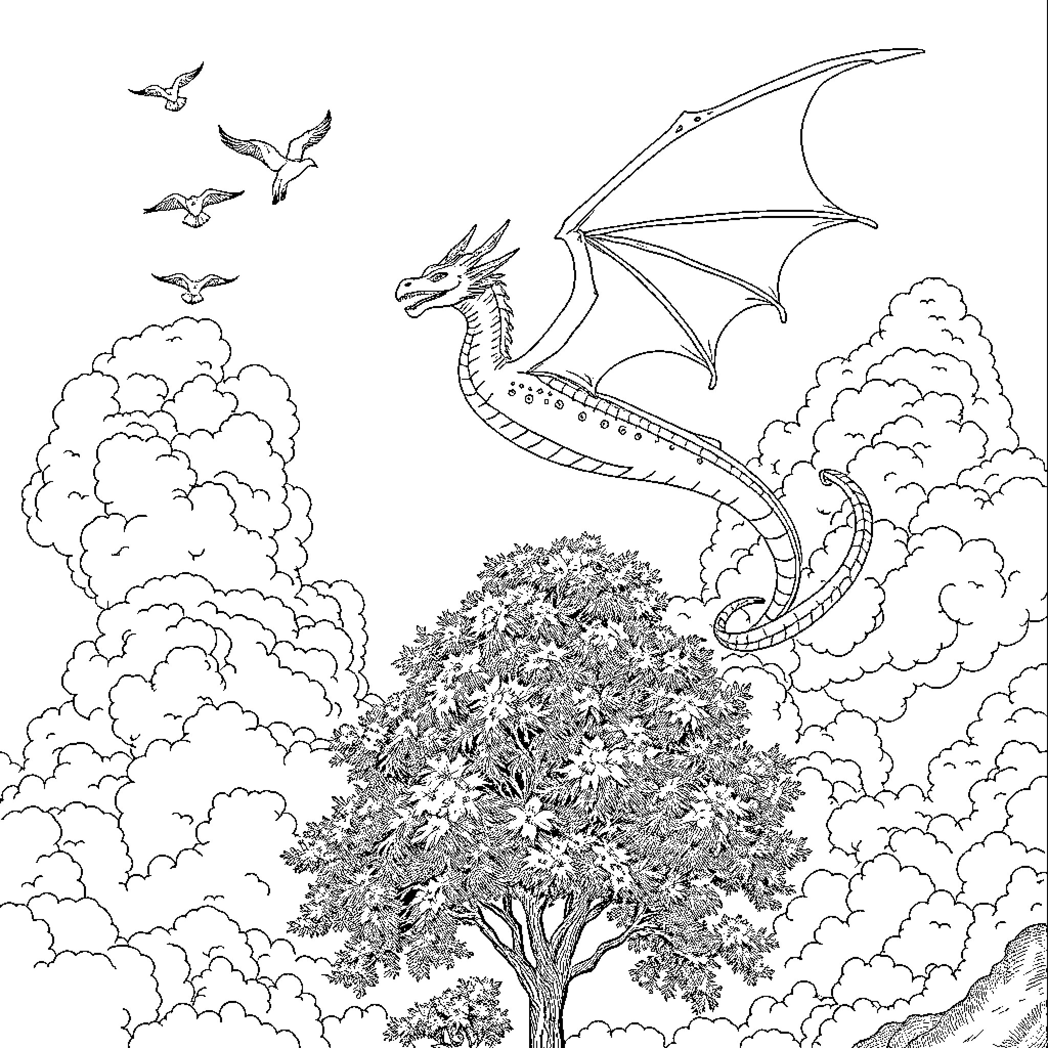 Dragon soaring majestically over a whimsical forest Coloring Page (free black-and-white line drawing printable PDF for all, from beginners to advanced learners, including children, teens, adults, and seniors)