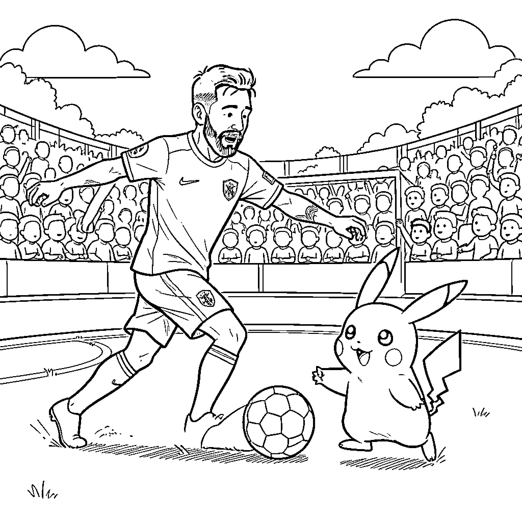 Lionel Messi playing soccer with Pikachu in a stadium Coloring Page (free black-and-white line drawing printable PDF for all, from beginners to advanced learners, including children, teens, adults, and seniors)