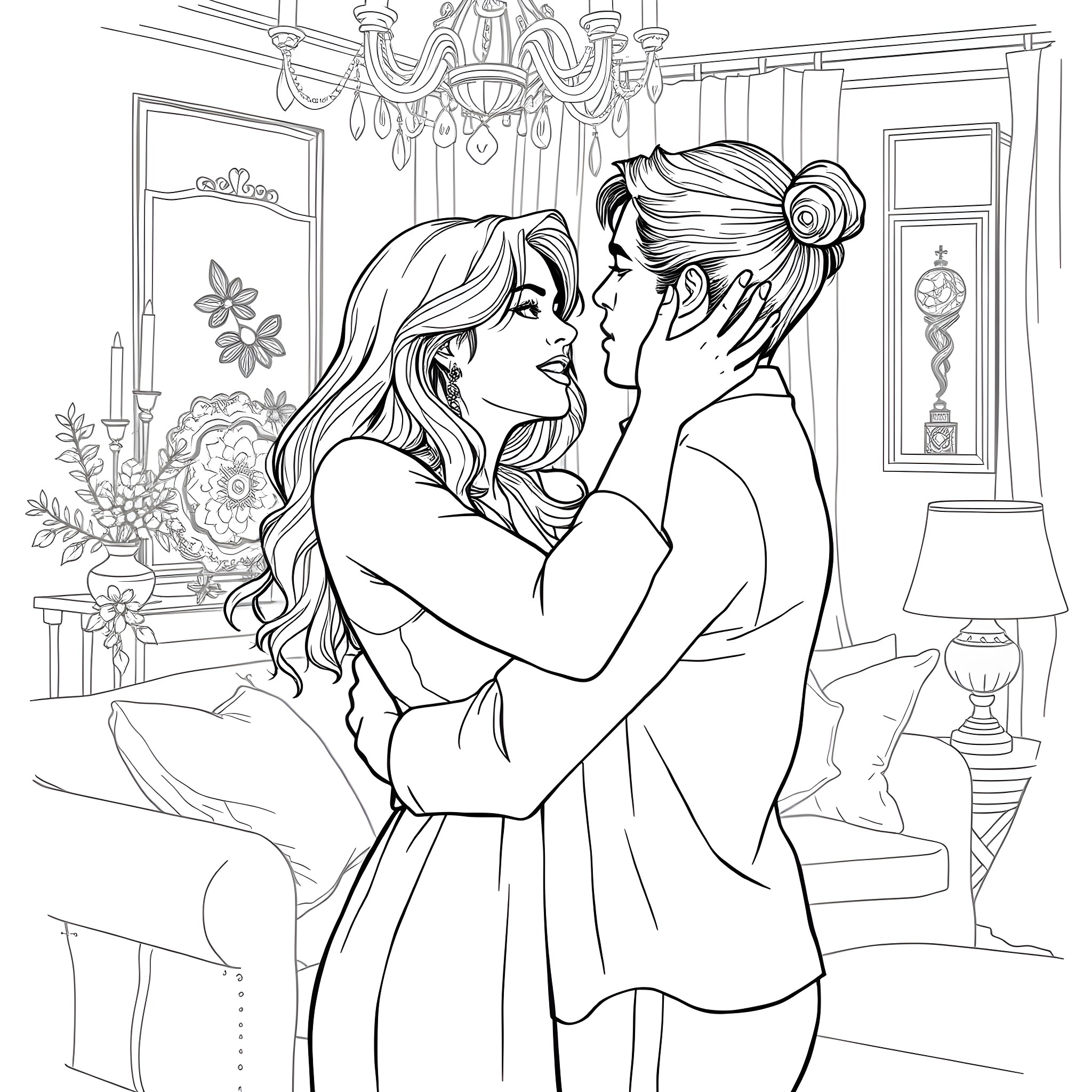 Woman and man embracing in romantic setting Coloring Page (free black-and-white line drawing printable PDF for all, from beginners to advanced learners, including children, teens, adults, and seniors)