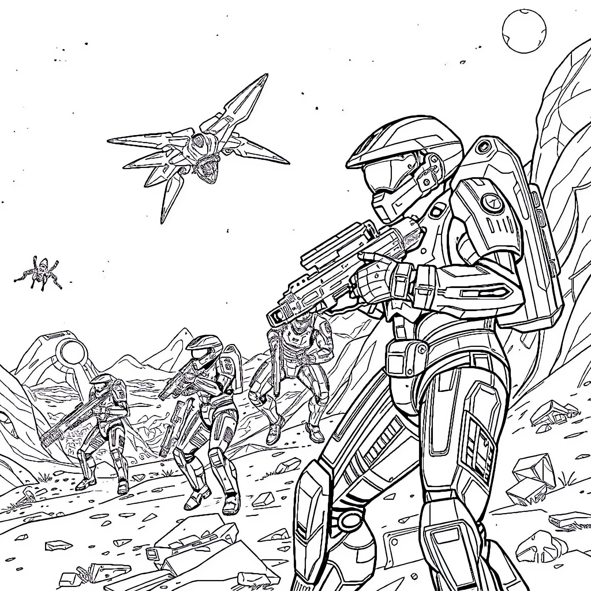 Halo: Futuristic soldiers and vehicles in sci-fi combat Coloring Page (free black-and-white line drawing printable PDF for all, from beginners to advanced learners, including children, teens, adults, and seniors)