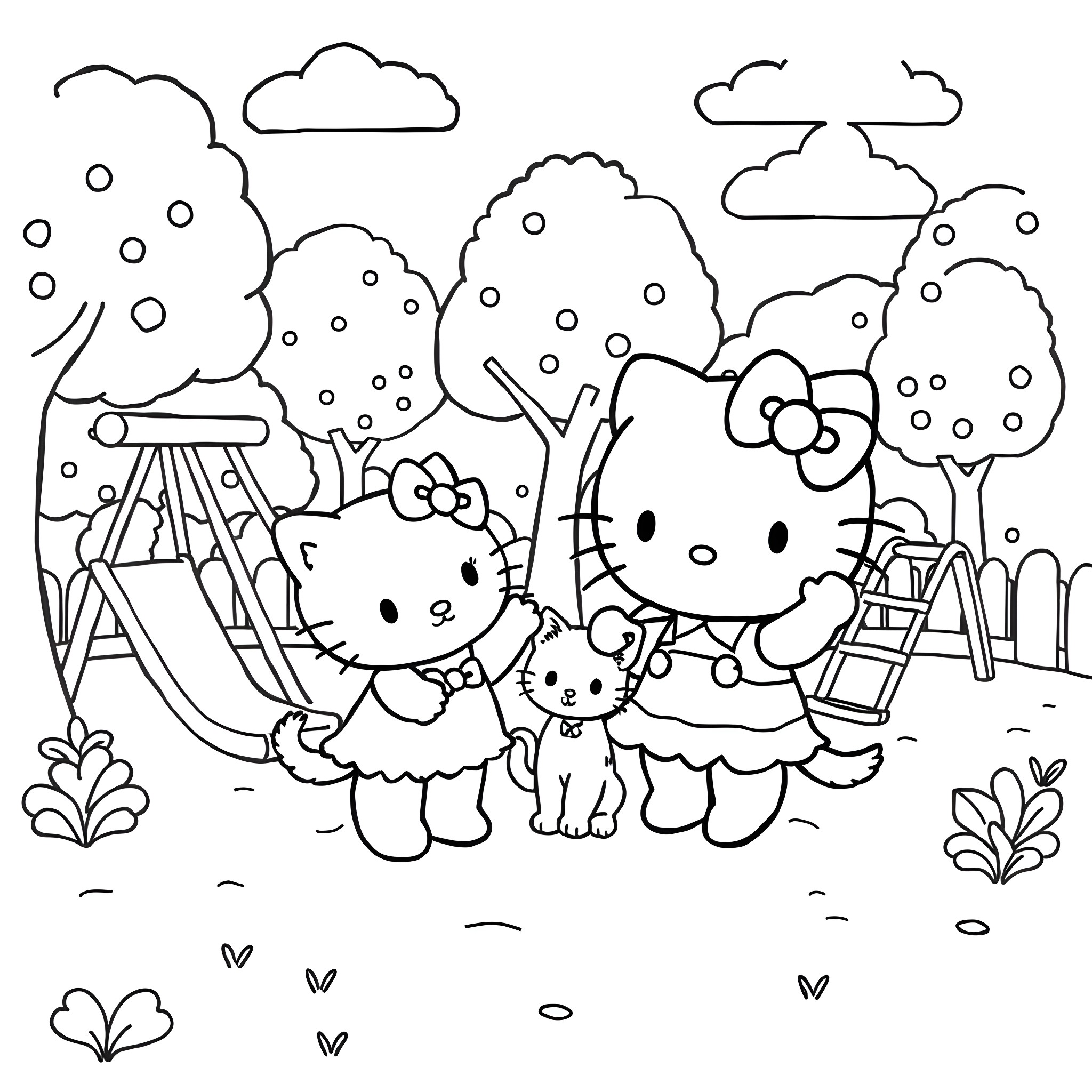 Hello Kitty family enjoying a day at the park Coloring Page (free black-and-white line drawing printable PDF for all, from beginners to advanced learners, including children, teens, adults, and seniors)