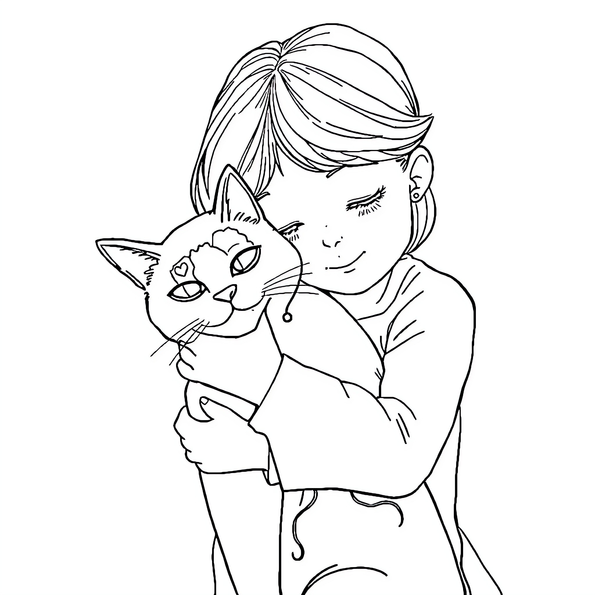Girl Hugging Her Beloved Pet Cat Coloring Page (free black-and-white line drawing printable PDF for all, from beginners to advanced learners, including children, teens, adults, and seniors)