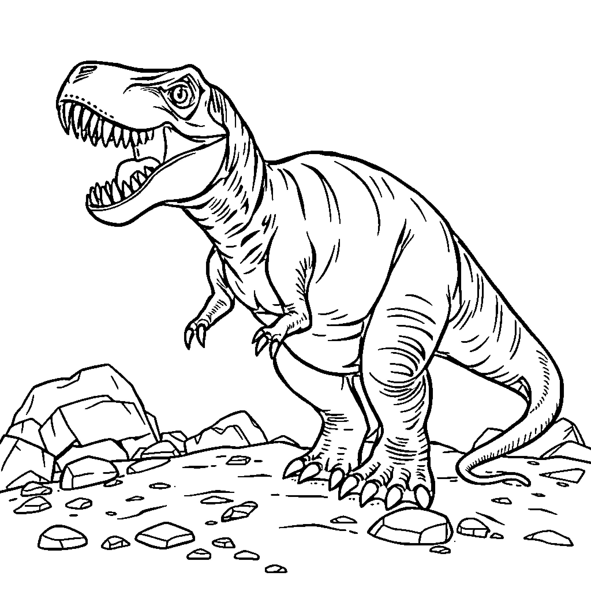 Dinosaur roaring fiercely in prehistoric landscape Coloring Page (free black-and-white line drawing printable PDF for all, from beginners to advanced learners, including children, teens, adults, and seniors)