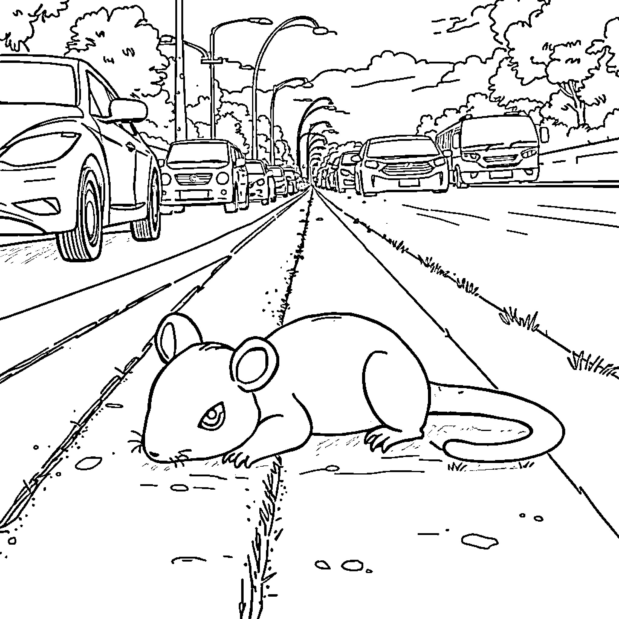 Rattata resting on the roadside Coloring Page (free black-and-white line drawing printable PDF for all, from beginners to advanced learners, including children, teens, adults, and seniors)
