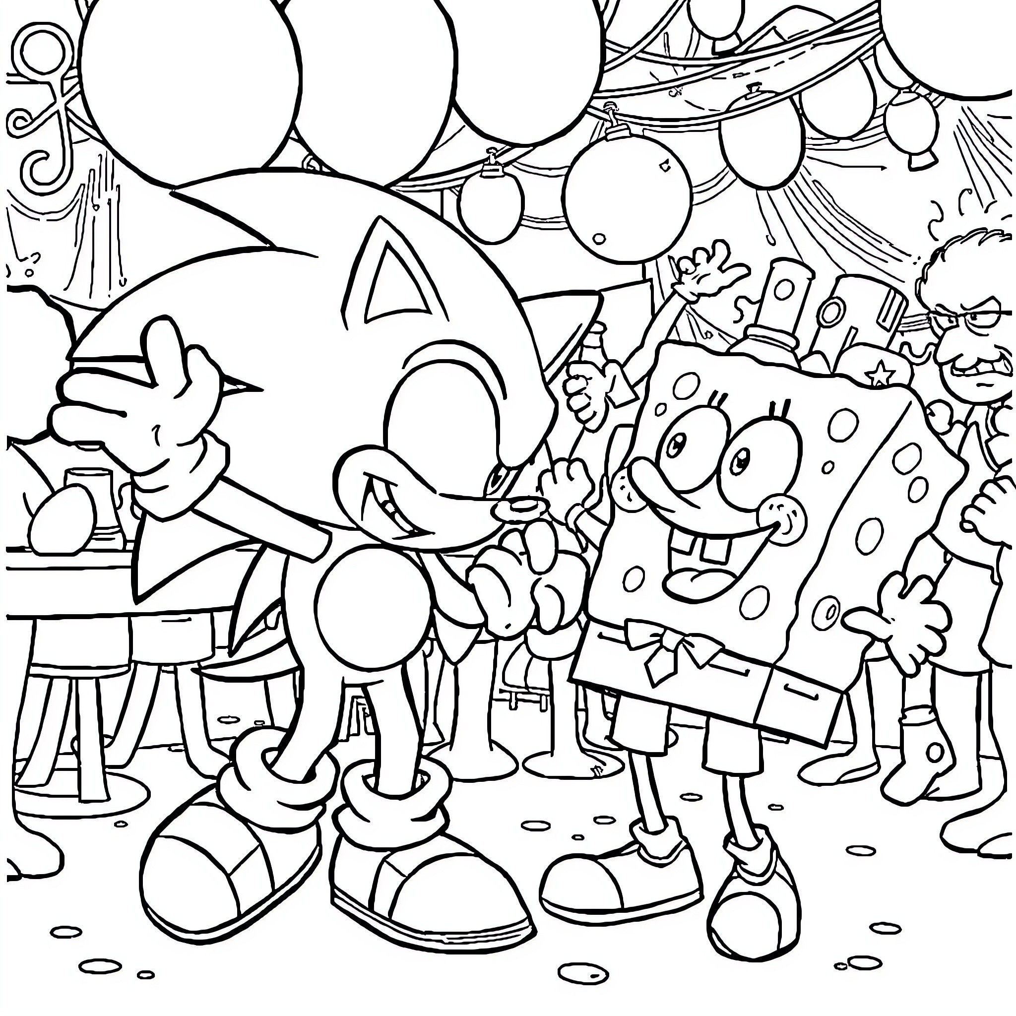 Sonic's Chaotic Celebration with Friends Coloring Page (free black-and-white line drawing printable PDF for all, from beginners to advanced learners, including children, teens, adults, and seniors)