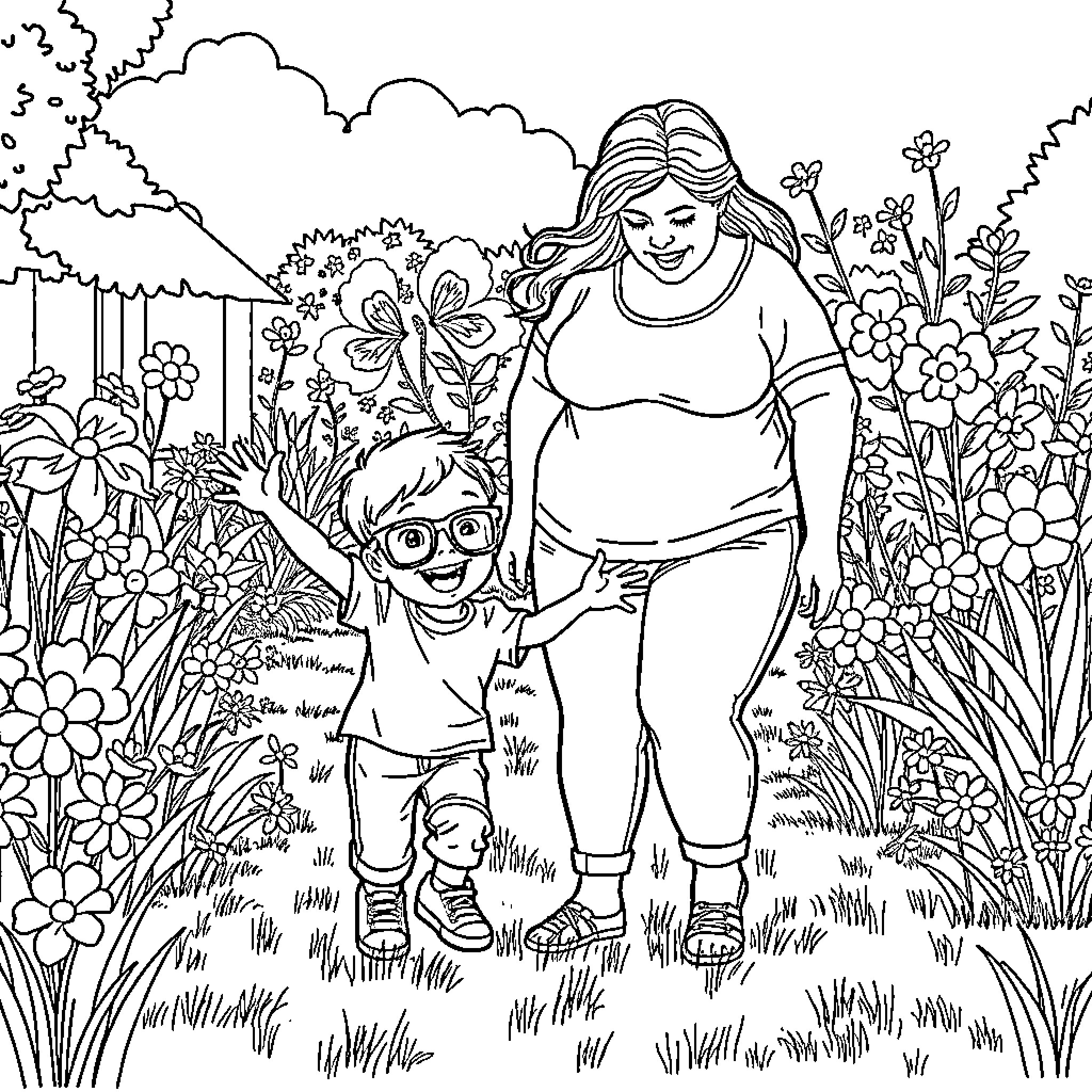 Mom and Child Enjoying Nature's Beauty Coloring Page (free black-and-white line drawing printable PDF for all, from beginners to advanced learners, including children, teens, adults, and seniors)
