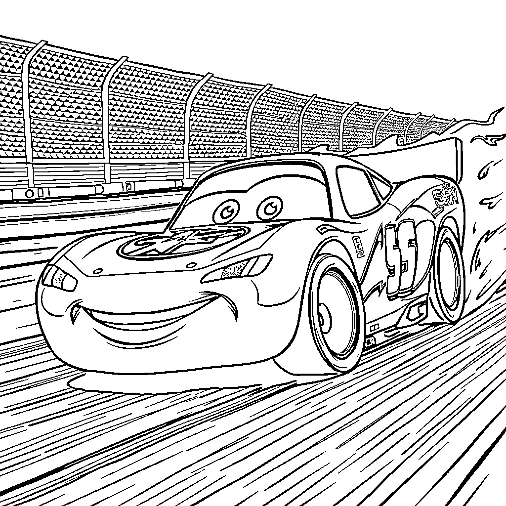 McQueen racing through the track with speed Coloring Page (free black-and-white line drawing printable PDF for all, from beginners to advanced learners, including children, teens, adults, and seniors)