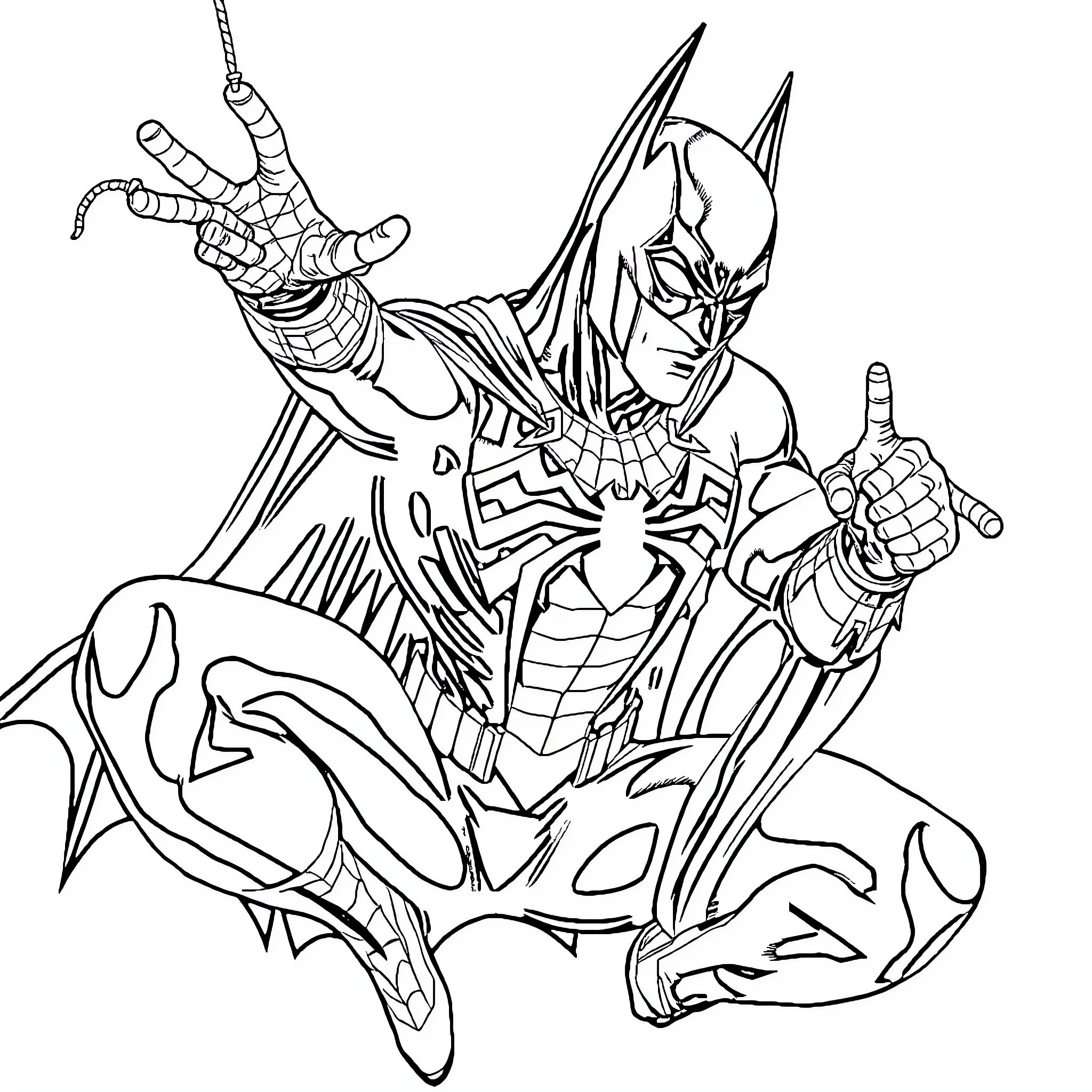 Spiderman in action-packed superhero pose Coloring Page (free black-and-white line drawing printable PDF for all, from beginners to advanced learners, including children, teens, adults, and seniors)