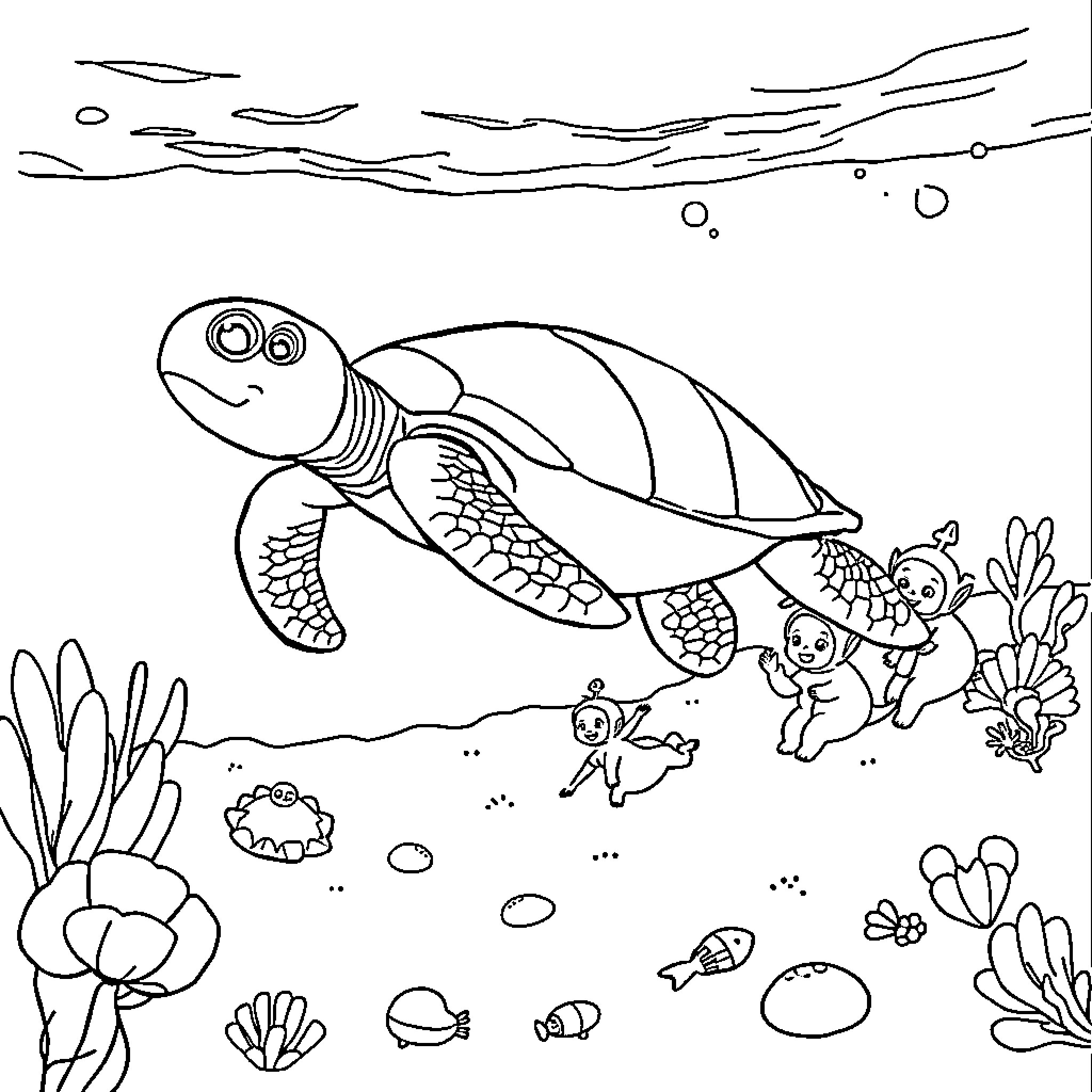 Sea Turtle swimming among marine life Coloring Page (free black-and-white line drawing printable PDF for all, from beginners to advanced learners, including children, teens, adults, and seniors)