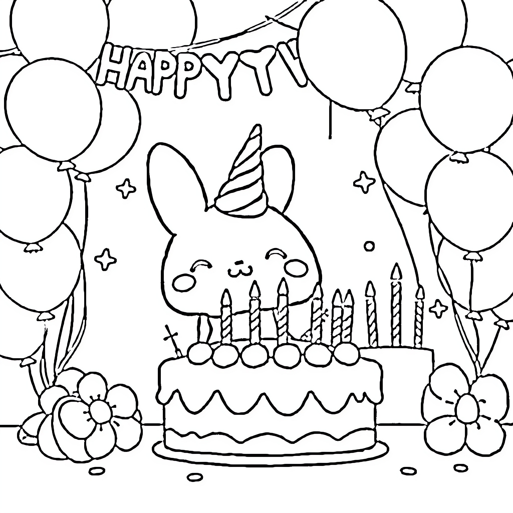 Cinnamoroll's Birthday Celebration Coloring Page (free black-and-white line drawing printable PDF for all, from beginners to advanced learners, including children, teens, adults, and seniors)