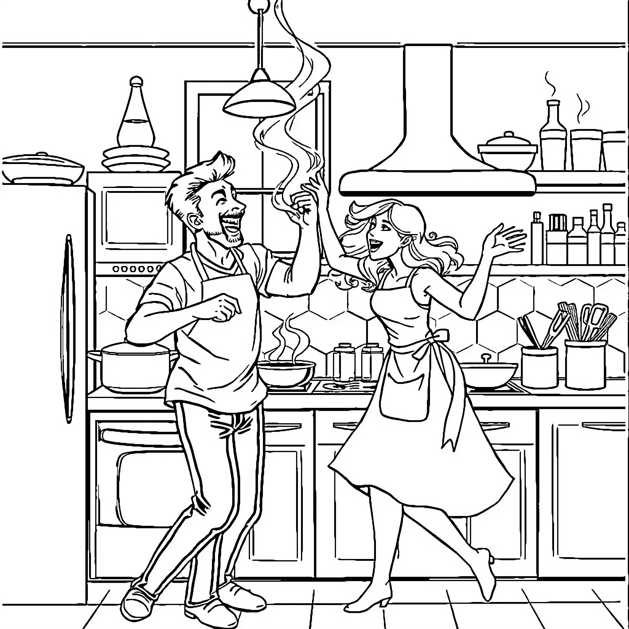 Couple cooking together happily in the kitchen Coloring Page (free black-and-white line drawing printable PDF for all, from beginners to advanced learners, including children, teens, adults, and seniors)