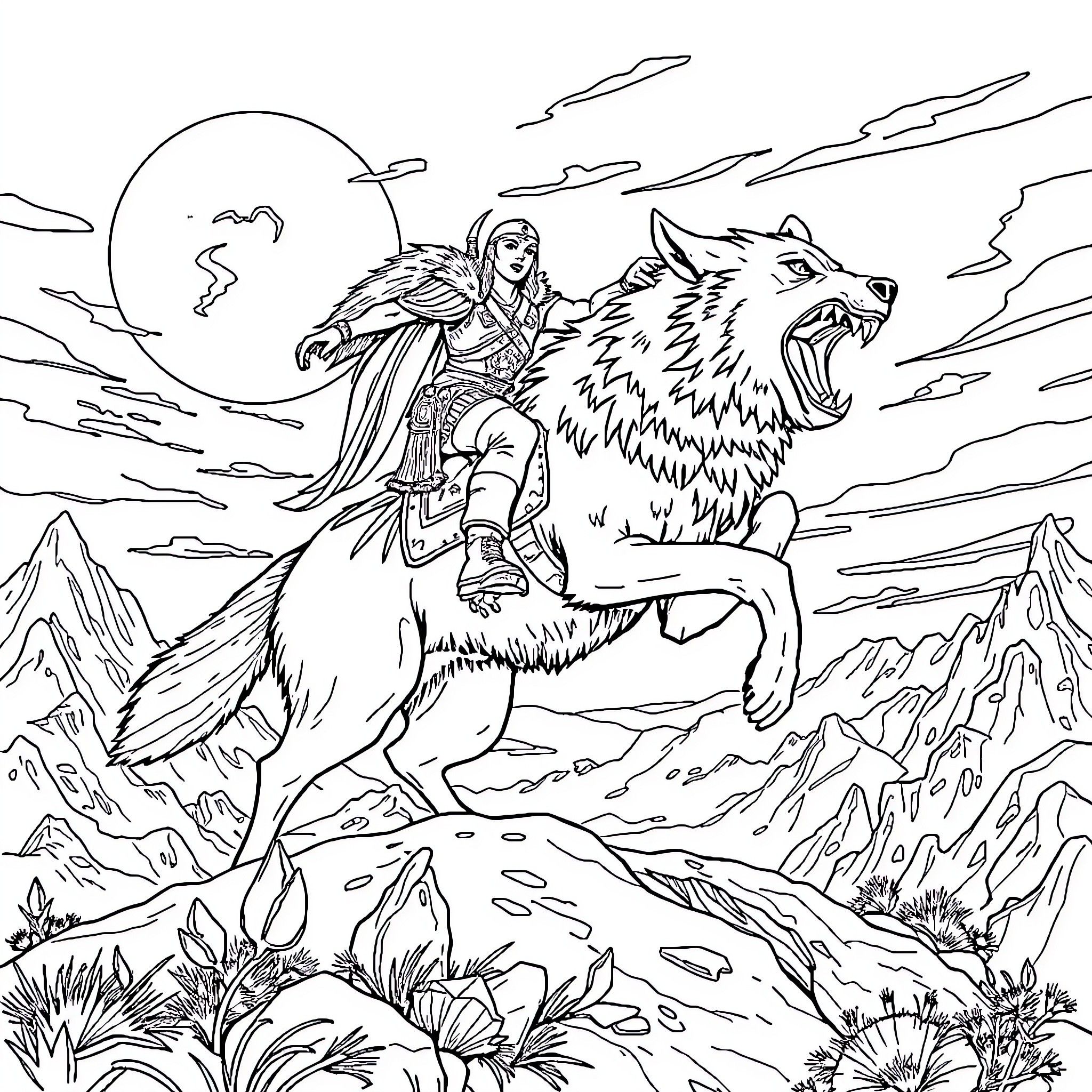 Mandalorian riding a fearsome wolf through the mountains Coloring Page (free black-and-white line drawing printable PDF for all, from beginners to advanced learners, including children, teens, adults, and seniors)