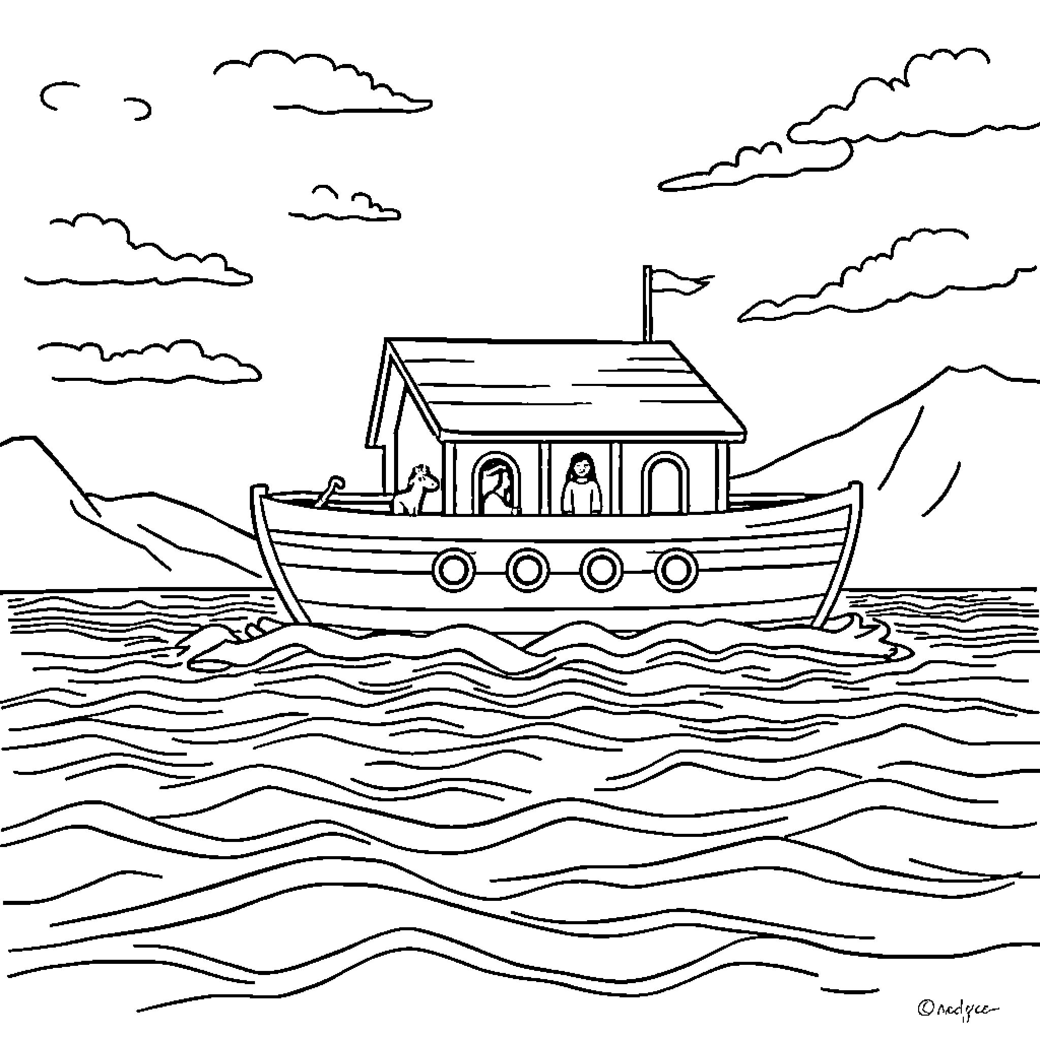 Noah's Ark sailing across the stormy sea Coloring Page (free black-and-white line drawing printable PDF for all, from beginners to advanced learners, including children, teens, adults, and seniors)
