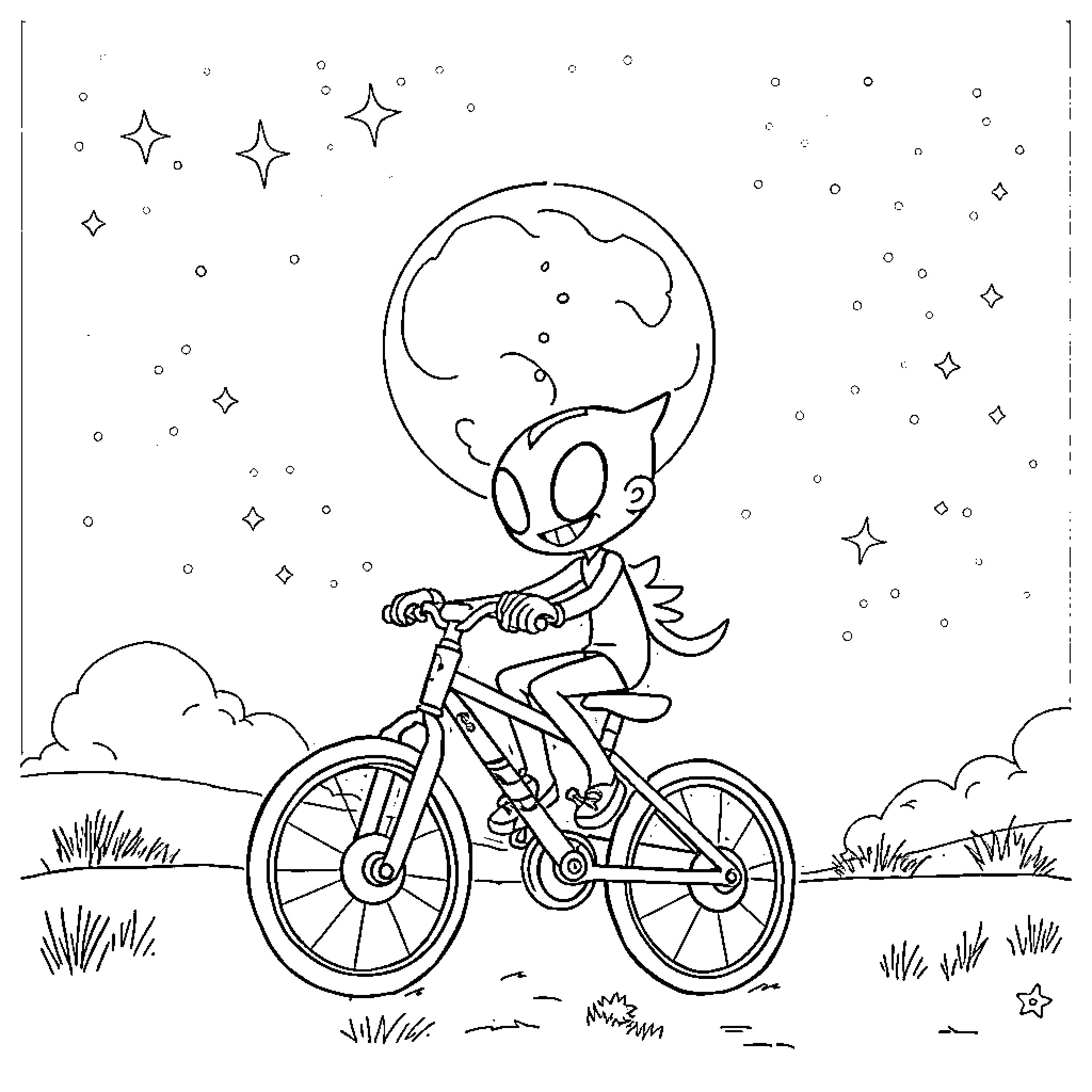 Gir riding a bicycle under the starry night sky Coloring Page (free black-and-white line drawing printable PDF for all, from beginners to advanced learners, including children, teens, adults, and seniors)