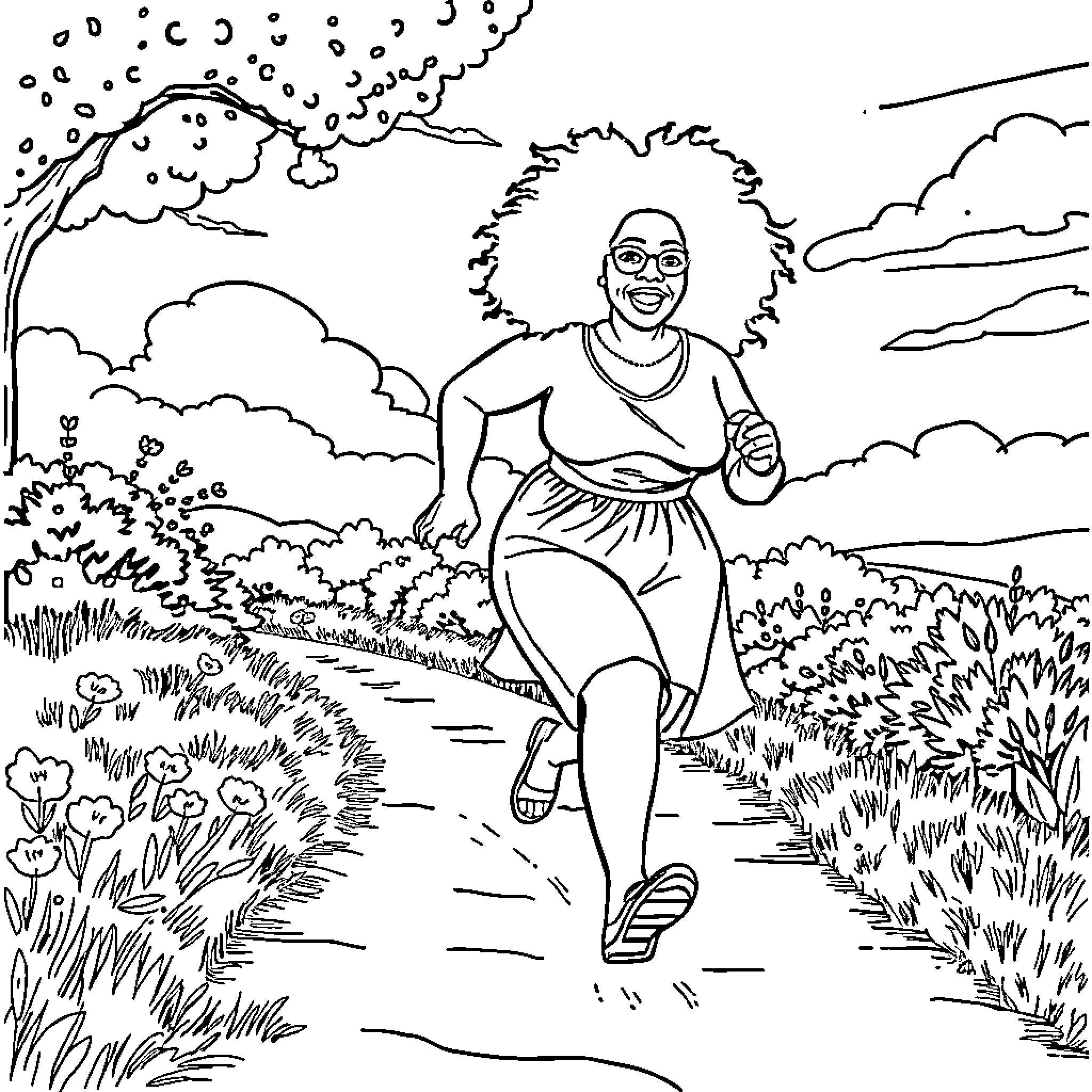 Oprah enjoying an outdoor walk in nature Coloring Page (free black-and-white line drawing printable PDF for all, from beginners to advanced learners, including children, teens, adults, and seniors)