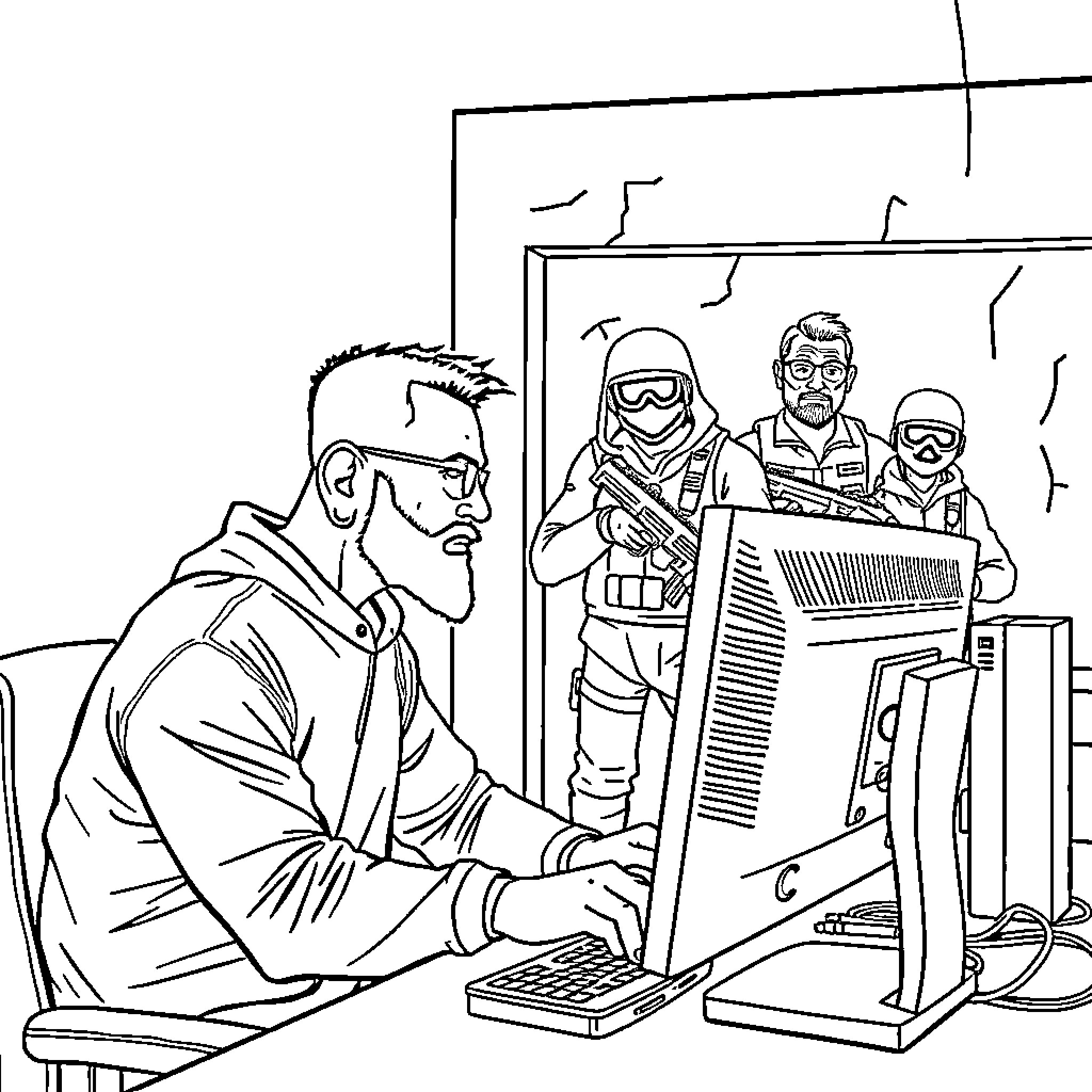 Mr T plays computer games with friends in the office Coloring Page (free black-and-white line drawing printable PDF for all, from beginners to advanced learners, including children, teens, adults, and seniors)