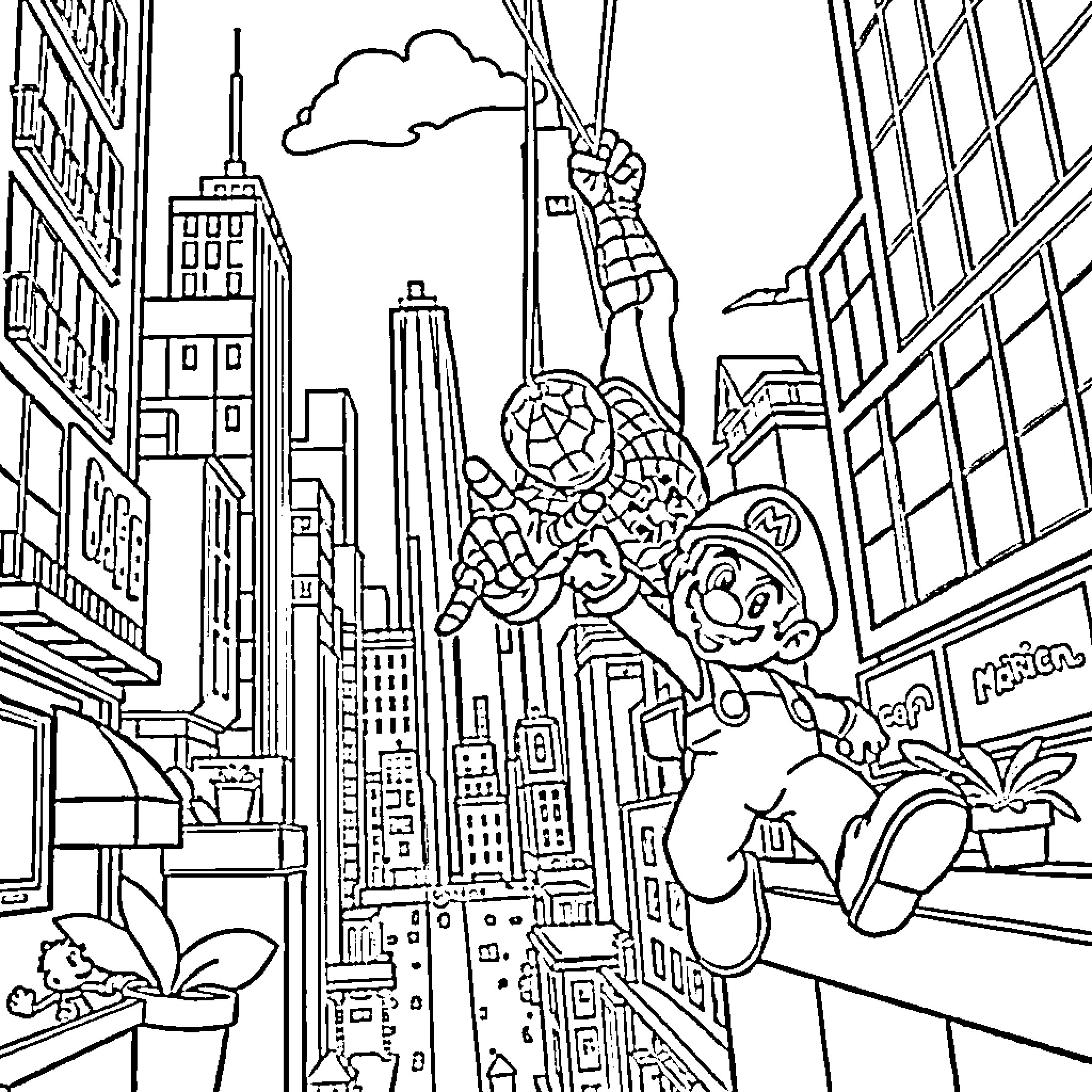 Spider-Man swinging through the city skyline Coloring Page (free black-and-white line drawing printable PDF for all, from beginners to advanced learners, including children, teens, adults, and seniors)