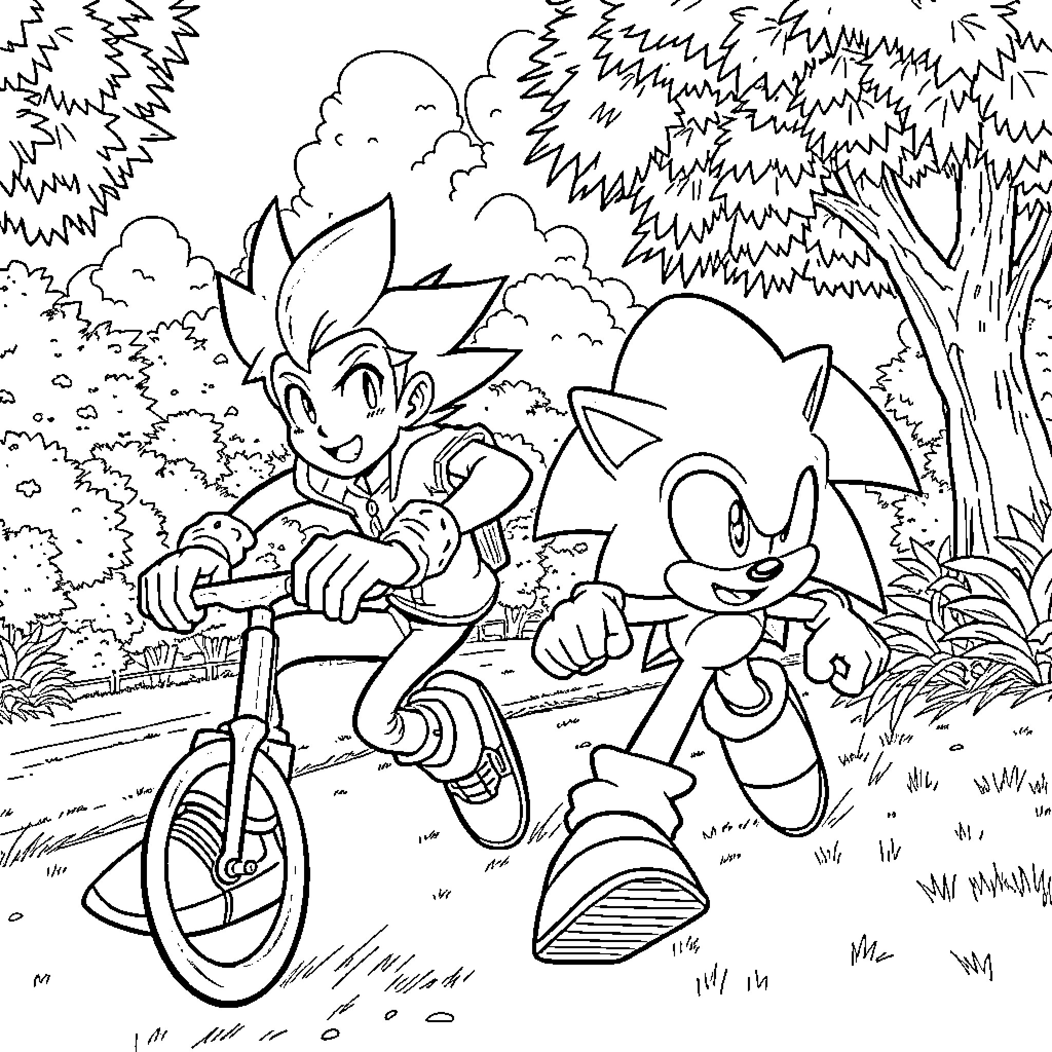Ben 10 and Sonic enjoying bicycle ride in nature Coloring Page (free black-and-white line drawing printable PDF for all, from beginners to advanced learners, including children, teens, adults, and seniors)
