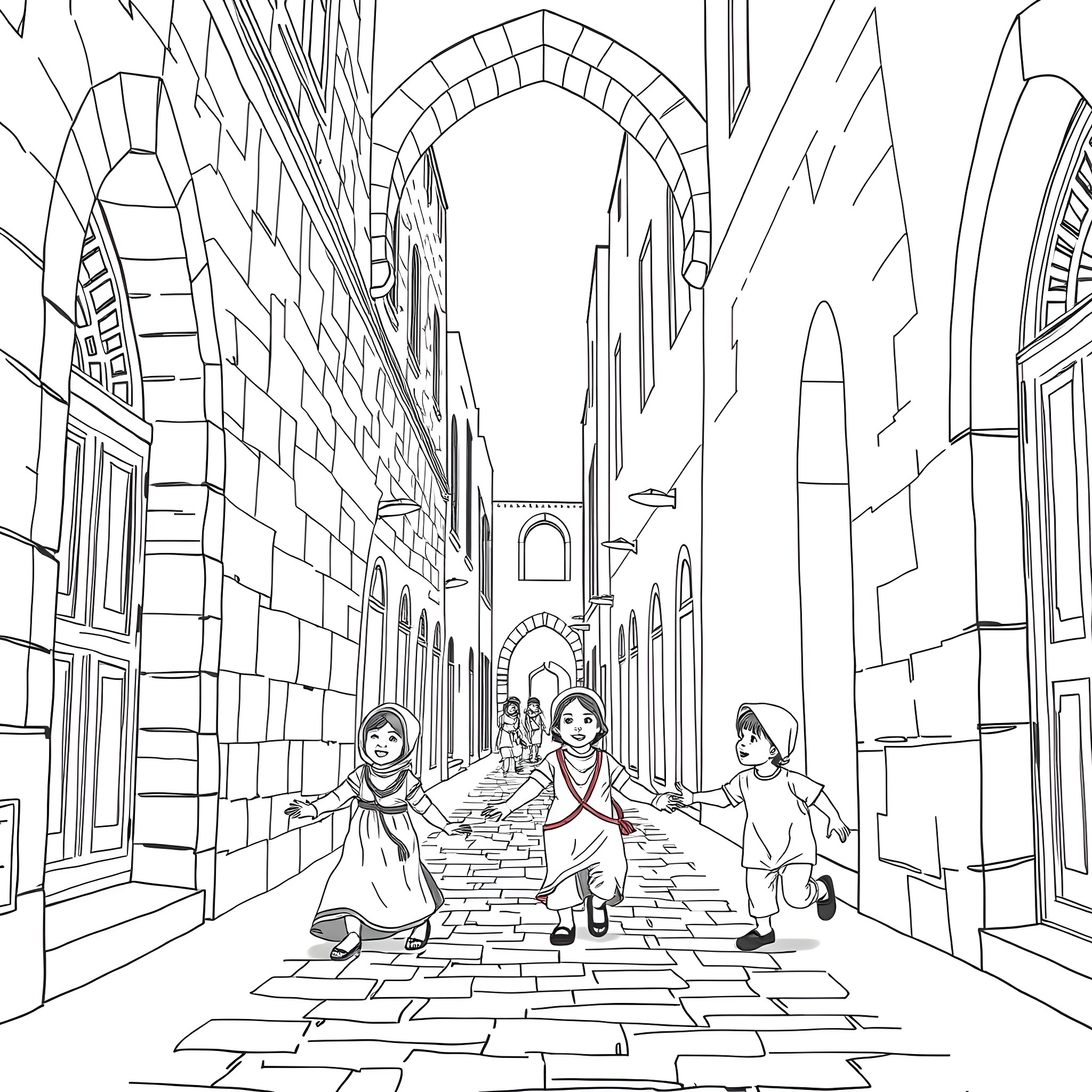 Child playing in a historic city street Coloring Page (free black-and-white line drawing printable PDF for all, from beginners to advanced learners, including children, teens, adults, and seniors)