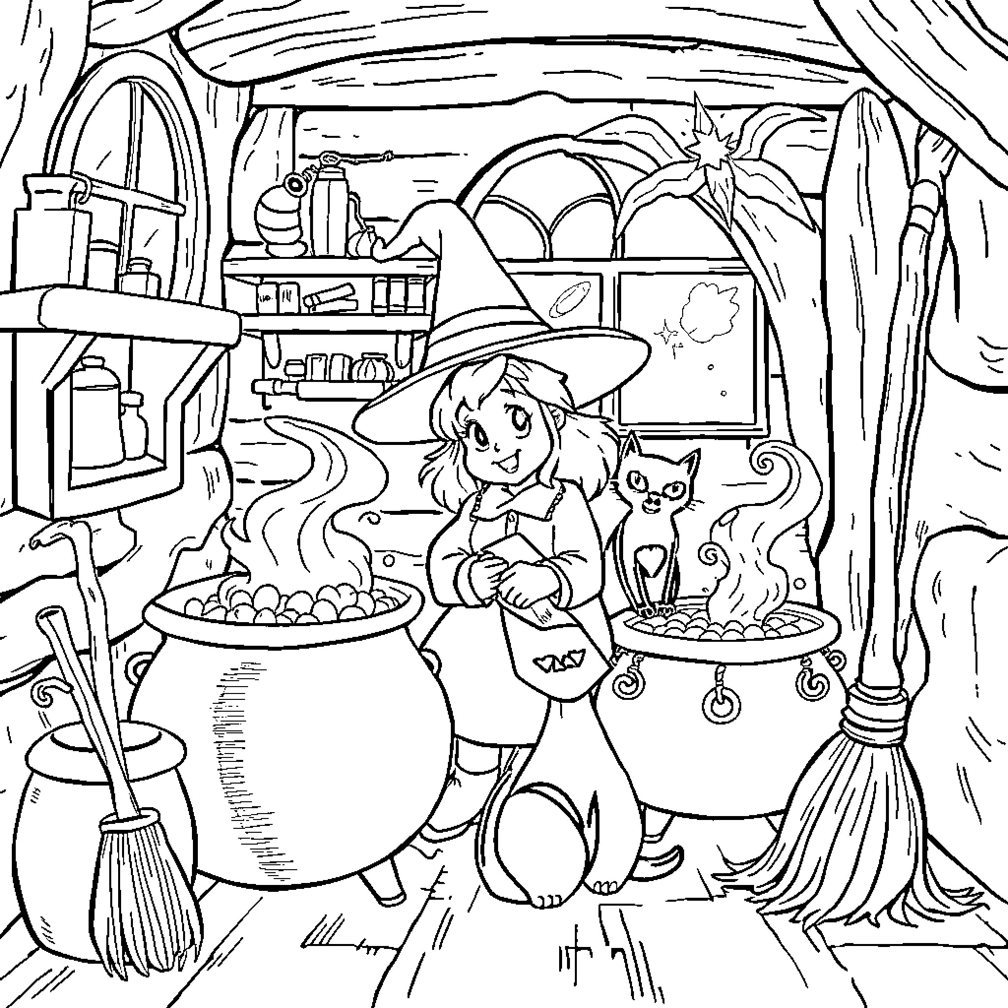 Winnie's Magical Cauldron Adventure Coloring Page (free black-and-white line drawing printable PDF for all, from beginners to advanced learners, including children, teens, adults, and seniors)