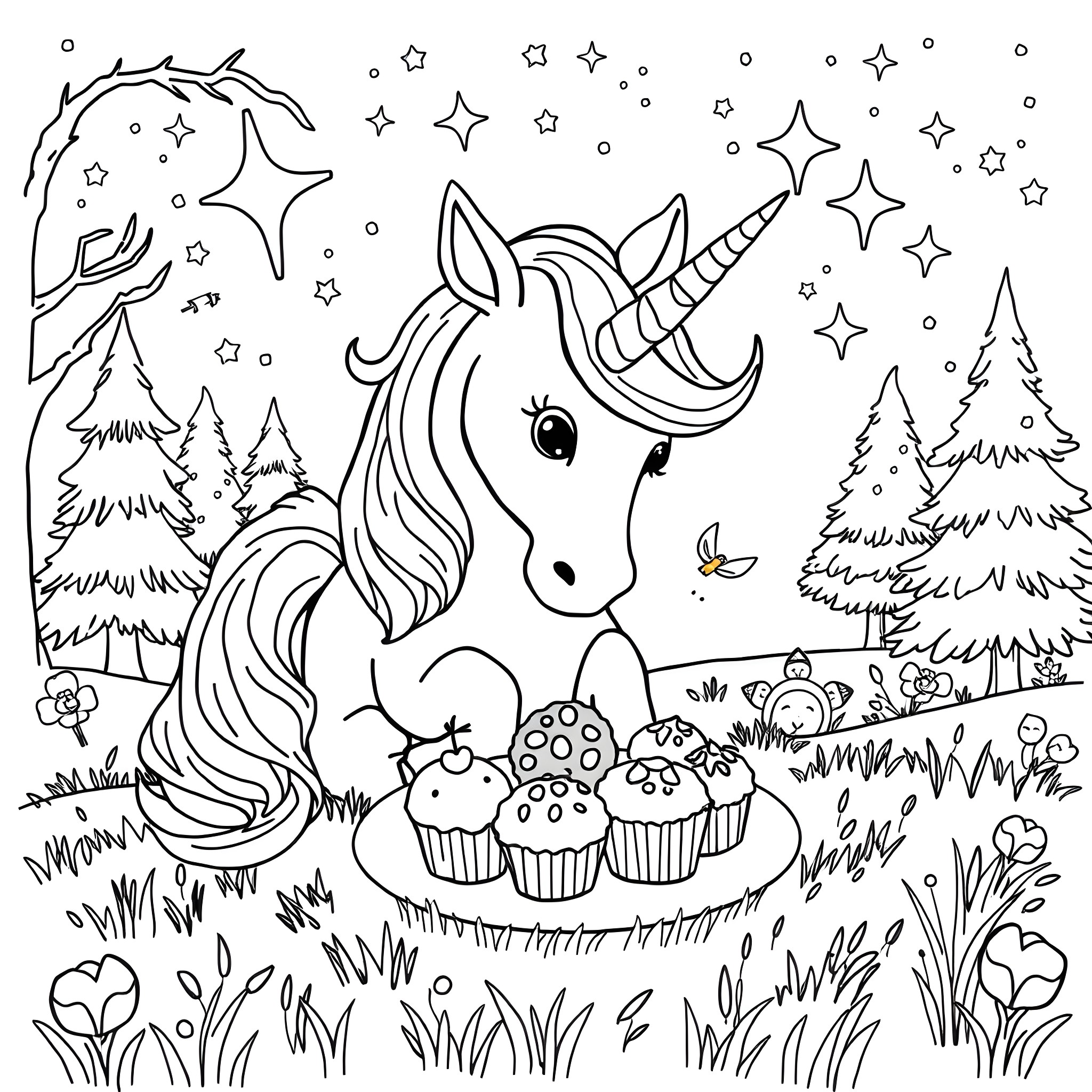 Unicorn dreaming among the forest and stars Coloring Page (free black-and-white line drawing printable PDF for all, from beginners to advanced learners, including children, teens, adults, and seniors)