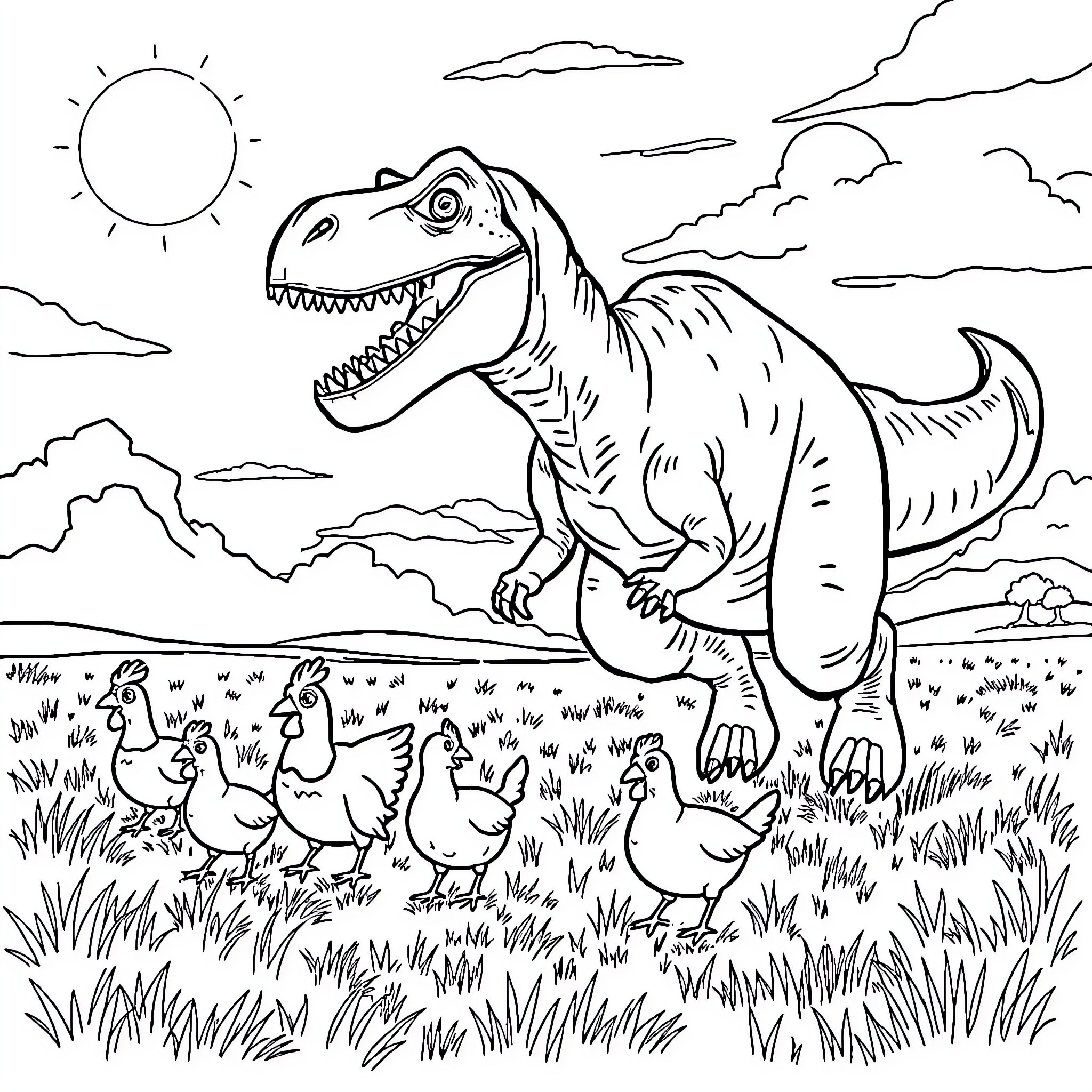 Dinosaur roaming the fields with ducks Coloring Page (free black-and-white line drawing printable PDF for all, from beginners to advanced learners, including children, teens, adults, and seniors)