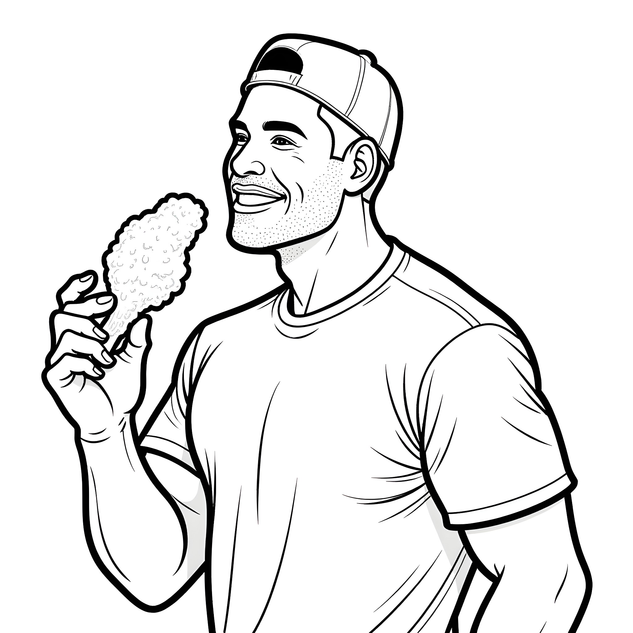 Guy enjoying cotton candy with a smile Coloring Page (free black-and-white line drawing printable PDF for all, from beginners to advanced learners, including children, teens, adults, and seniors)