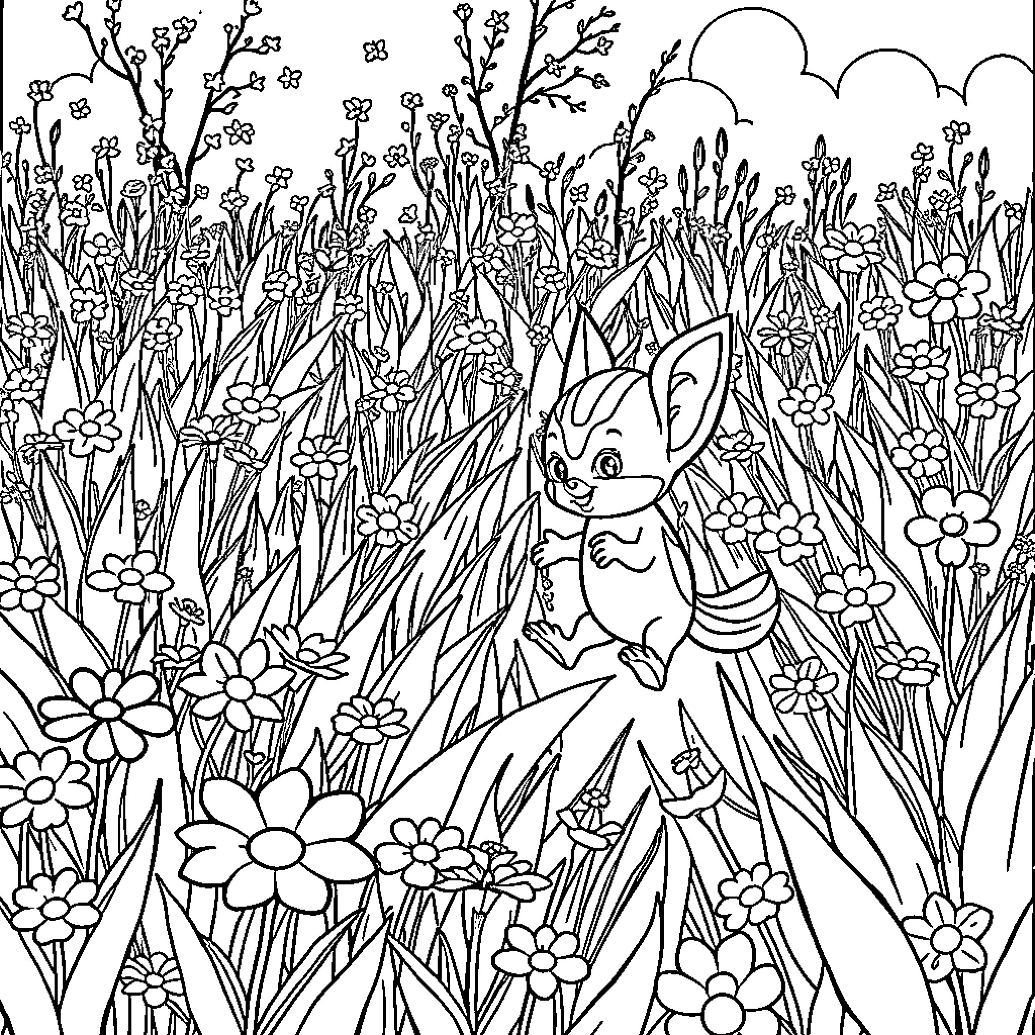 Bunny hopping amidst vibrant wildflowers Coloring Page (free black-and-white line drawing printable PDF for all, from beginners to advanced learners, including children, teens, adults, and seniors)