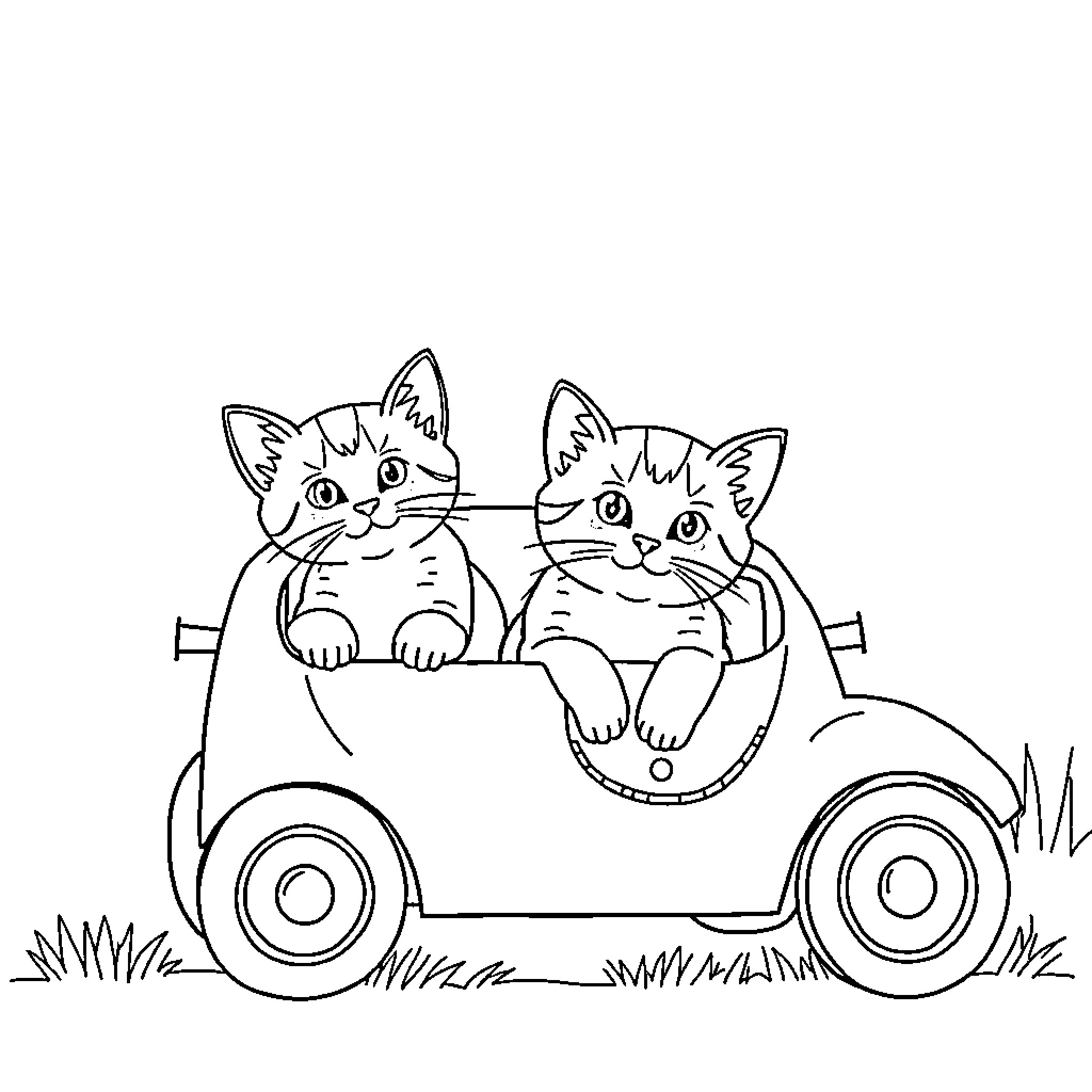 Cat companions riding in a car Coloring Page (free black-and-white line drawing printable PDF for all, from beginners to advanced learners, including children, teens, adults, and seniors)