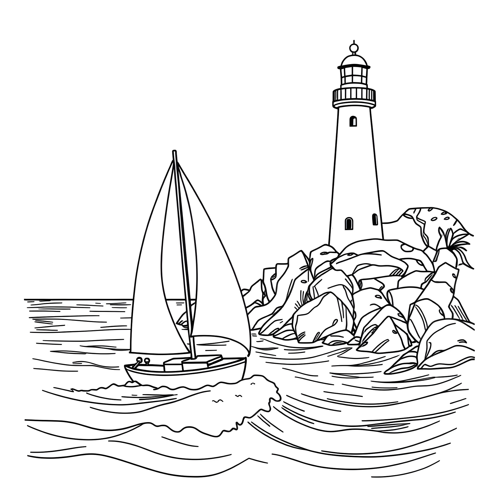 Sailboat navigating coastal waters near lighthouse Coloring Page (free black-and-white line drawing printable PDF for all, from beginners to advanced learners, including children, teens, adults, and seniors)