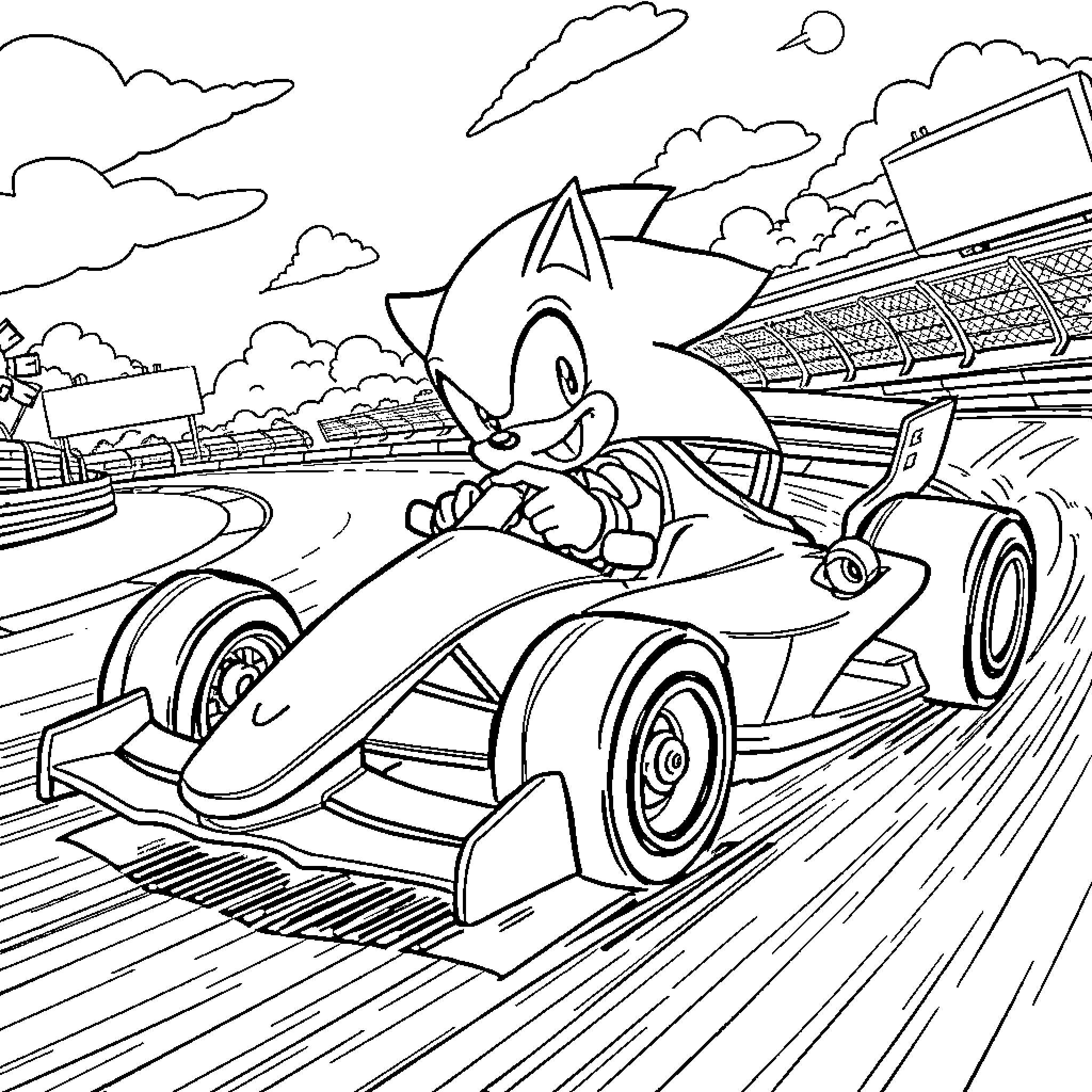 Sonic racing in a futuristic racetrack Coloring Page (free black-and-white line drawing printable PDF for all, from beginners to advanced learners, including children, teens, adults, and seniors)