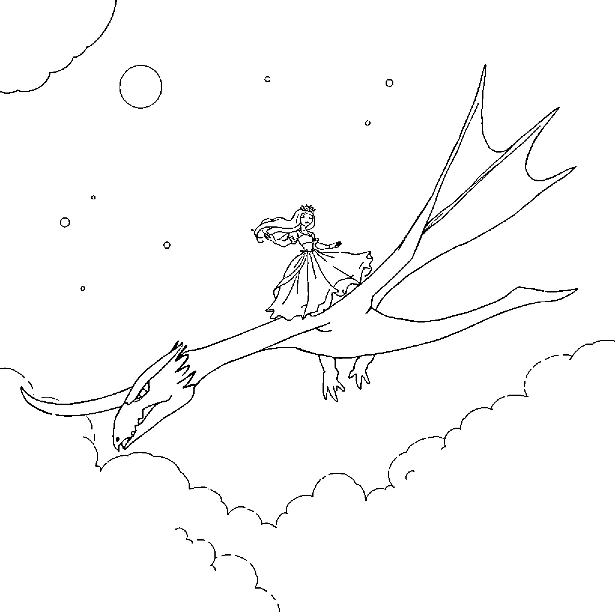 Princess Soaring Through the Skies on a Dragon Coloring Page (free black-and-white line drawing printable PDF for all, from beginners to advanced learners, including children, teens, adults, and seniors)