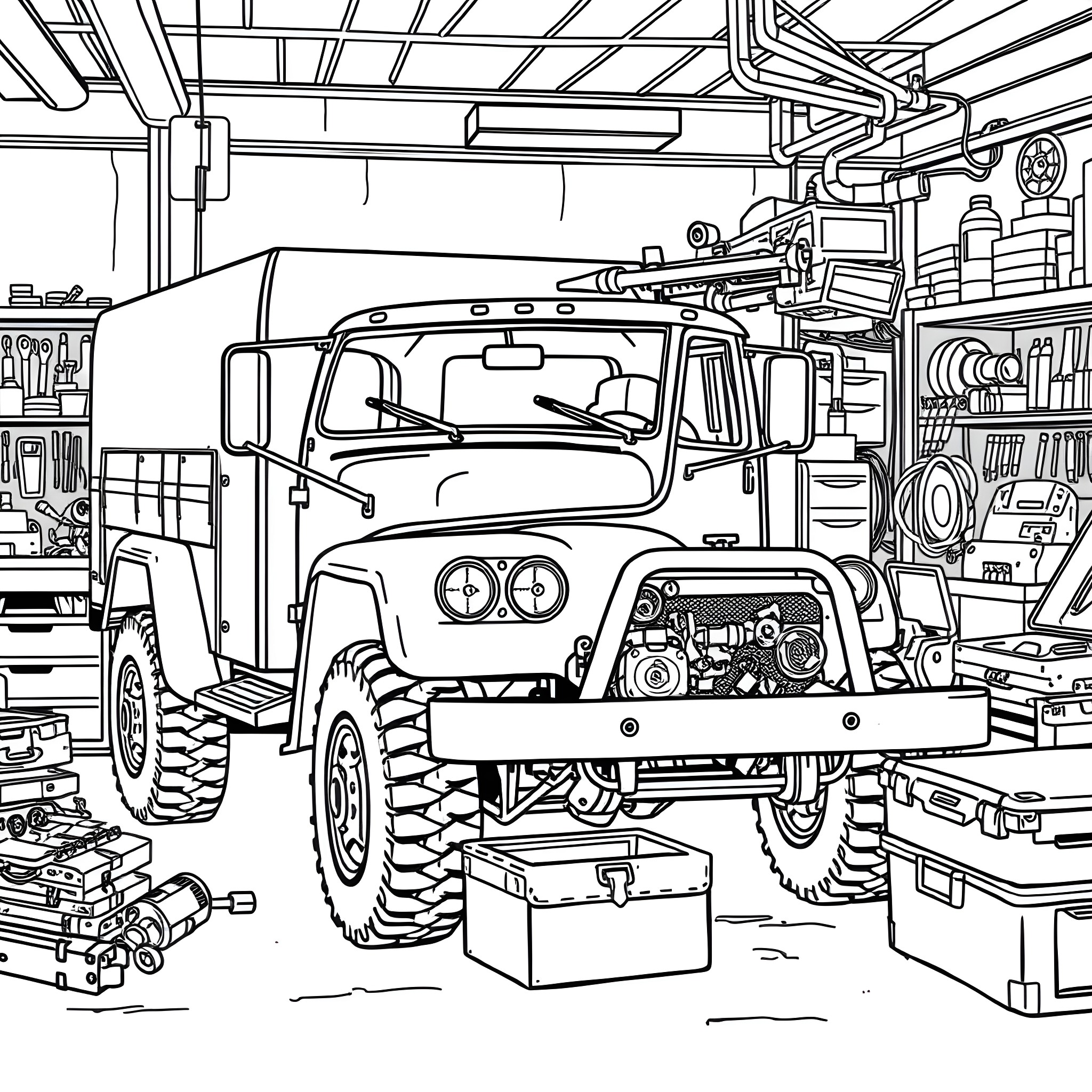 Truck repair shop with off-road vehicle Coloring Page (free black-and-white line drawing printable PDF for all, from beginners to advanced learners, including children, teens, adults, and seniors)
