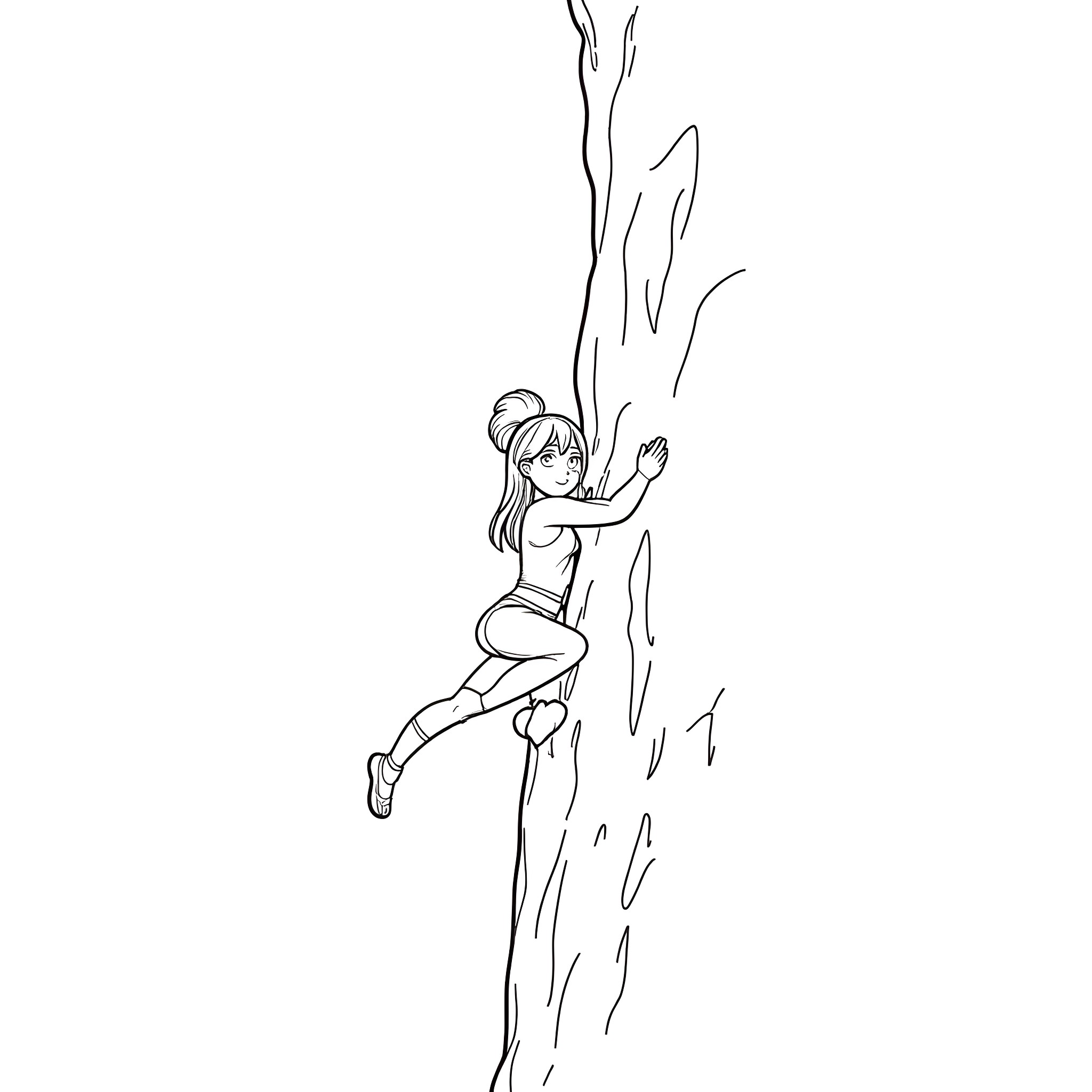 Girl climbing on a rocky surface Coloring Page (free black-and-white line drawing printable PDF for all, from beginners to advanced learners, including children, teens, adults, and seniors)