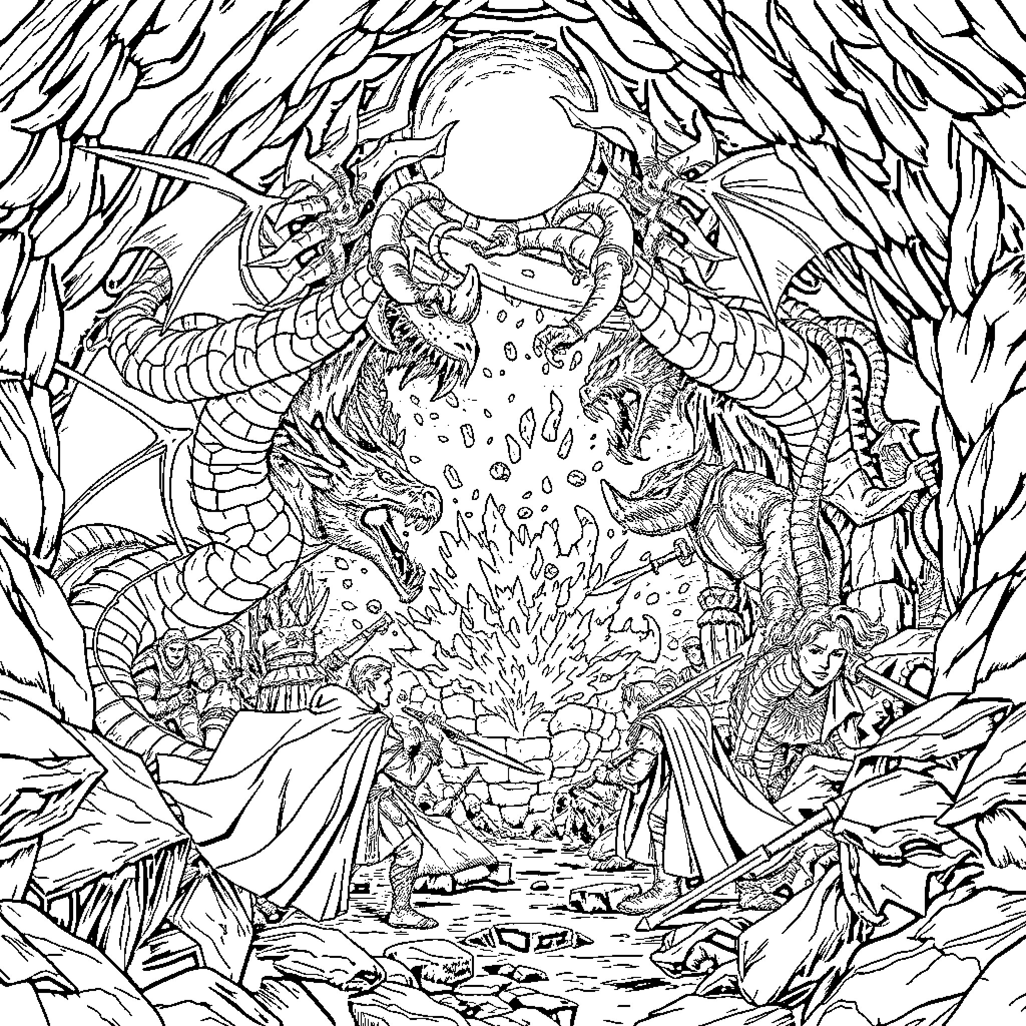 Dungeons and Dragons: Mythical Creatures in Epic Encounter Coloring Page (free black-and-white line drawing printable PDF for all, from beginners to advanced learners, including children, teens, adults, and seniors)