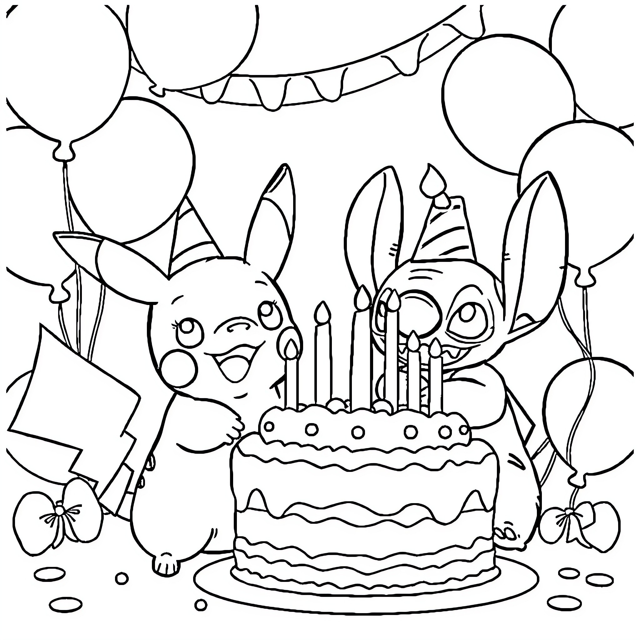Pikachu Celebrating Birthday with Stitch Coloring Page (free black-and-white line drawing printable PDF for all, from beginners to advanced learners, including children, teens, adults, and seniors)