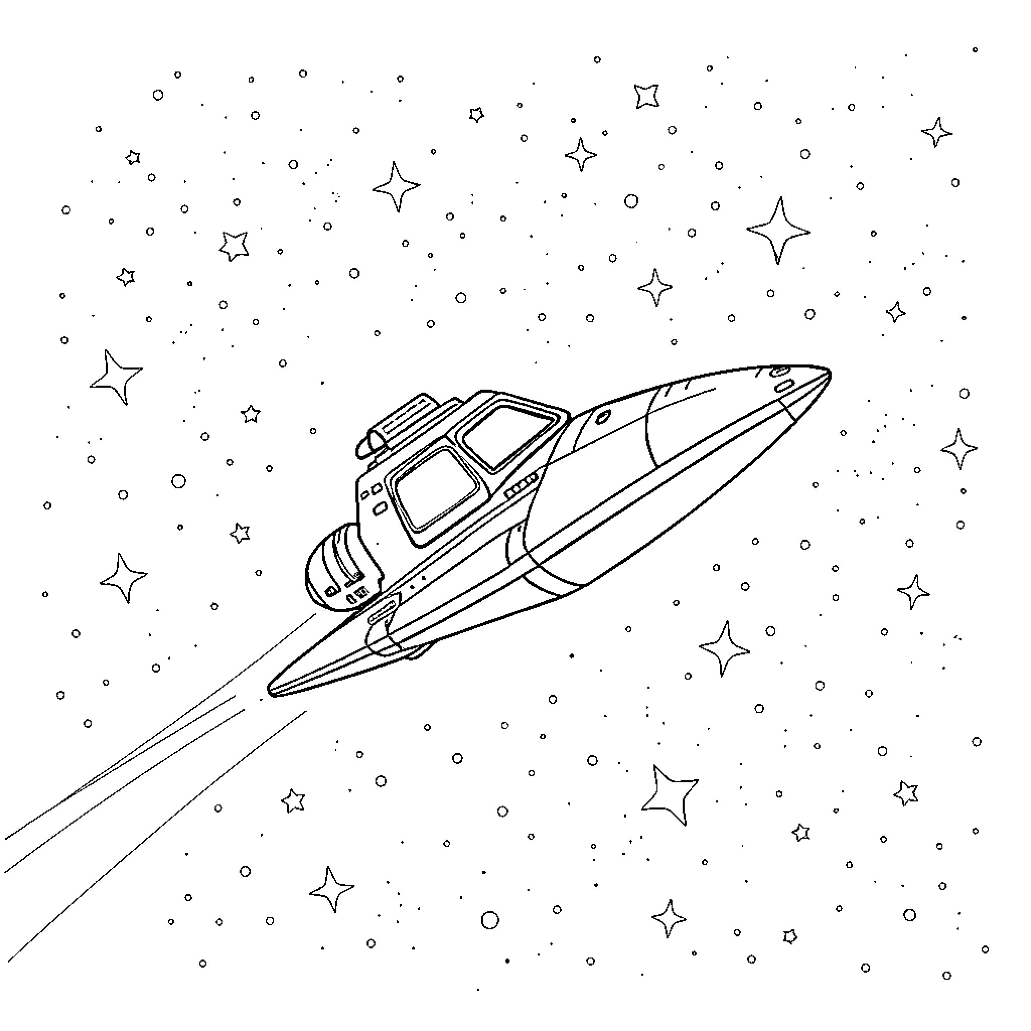 Spaceship flying through starry galaxy Coloring Page (free black-and-white line drawing printable PDF for all, from beginners to advanced learners, including children, teens, adults, and seniors)