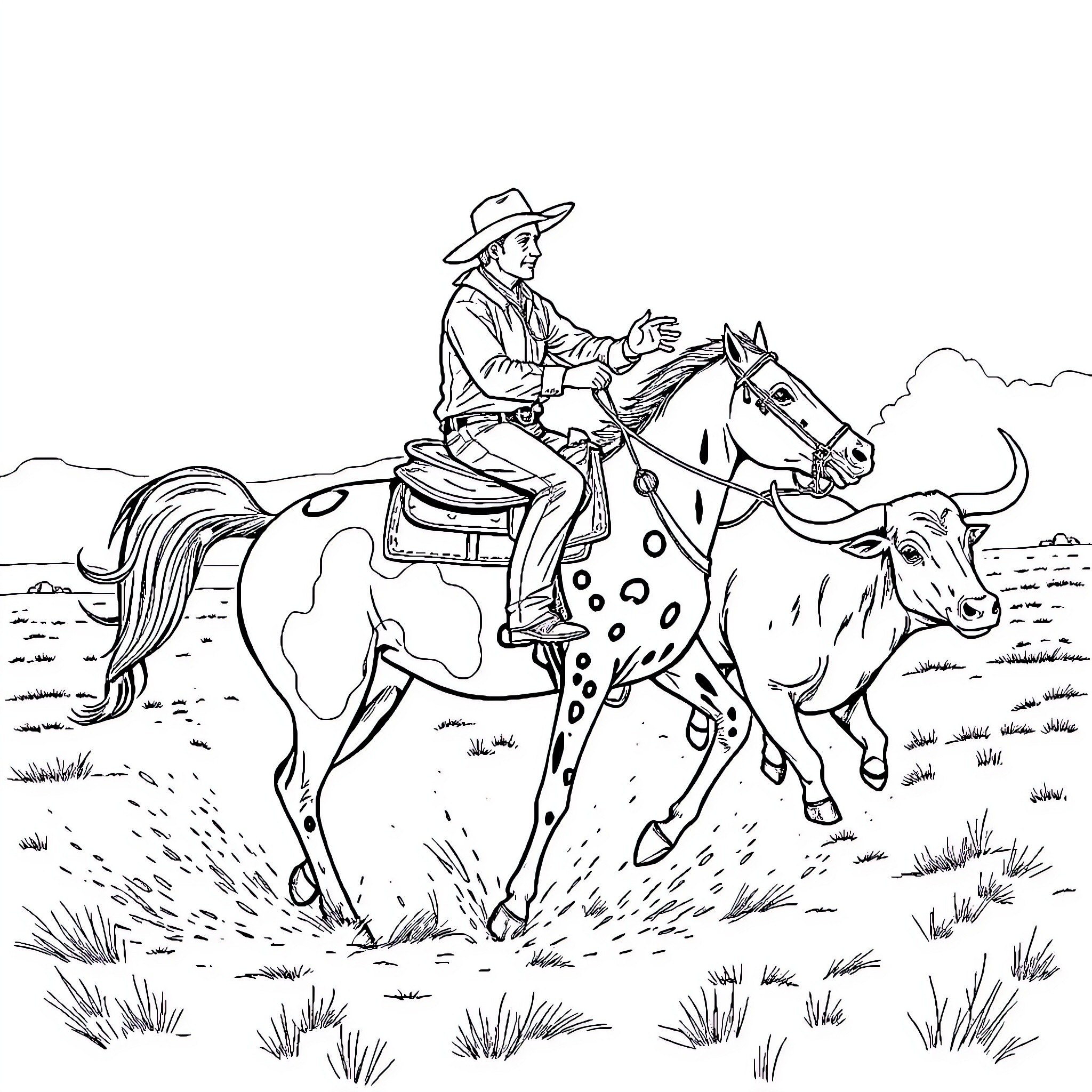 Cowboy riding a spotted horse through the countryside Coloring Page (free black-and-white line drawing printable PDF for all, from beginners to advanced learners, including children, teens, adults, and seniors)