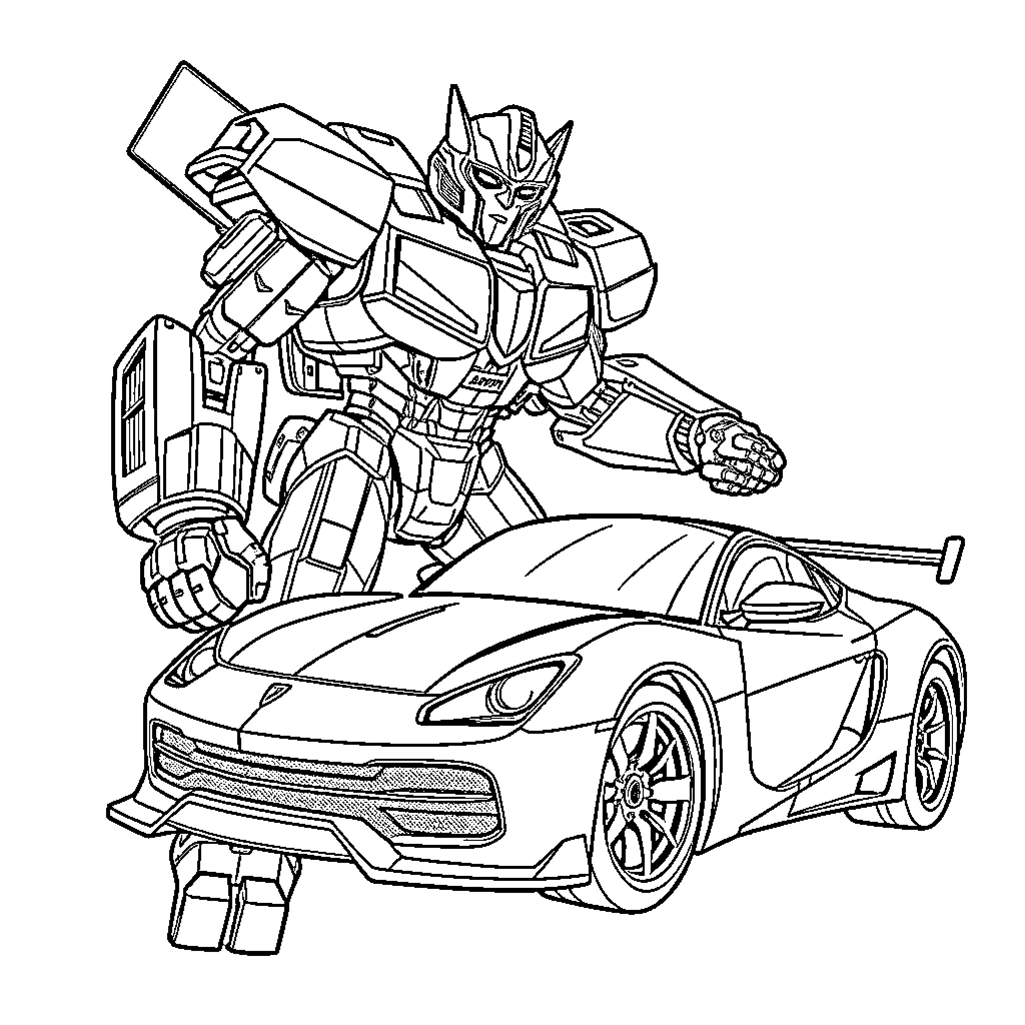 Bumblebee protecting a sports car Coloring Page (free black-and-white line drawing printable PDF for all, from beginners to advanced learners, including children, teens, adults, and seniors)