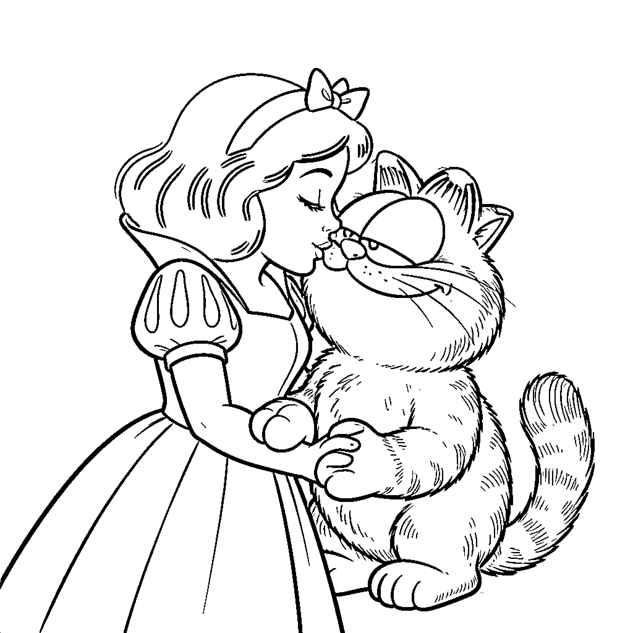 Snow White embracing a forest animal Coloring Page (free black-and-white line drawing printable PDF for all, from beginners to advanced learners, including children, teens, adults, and seniors)