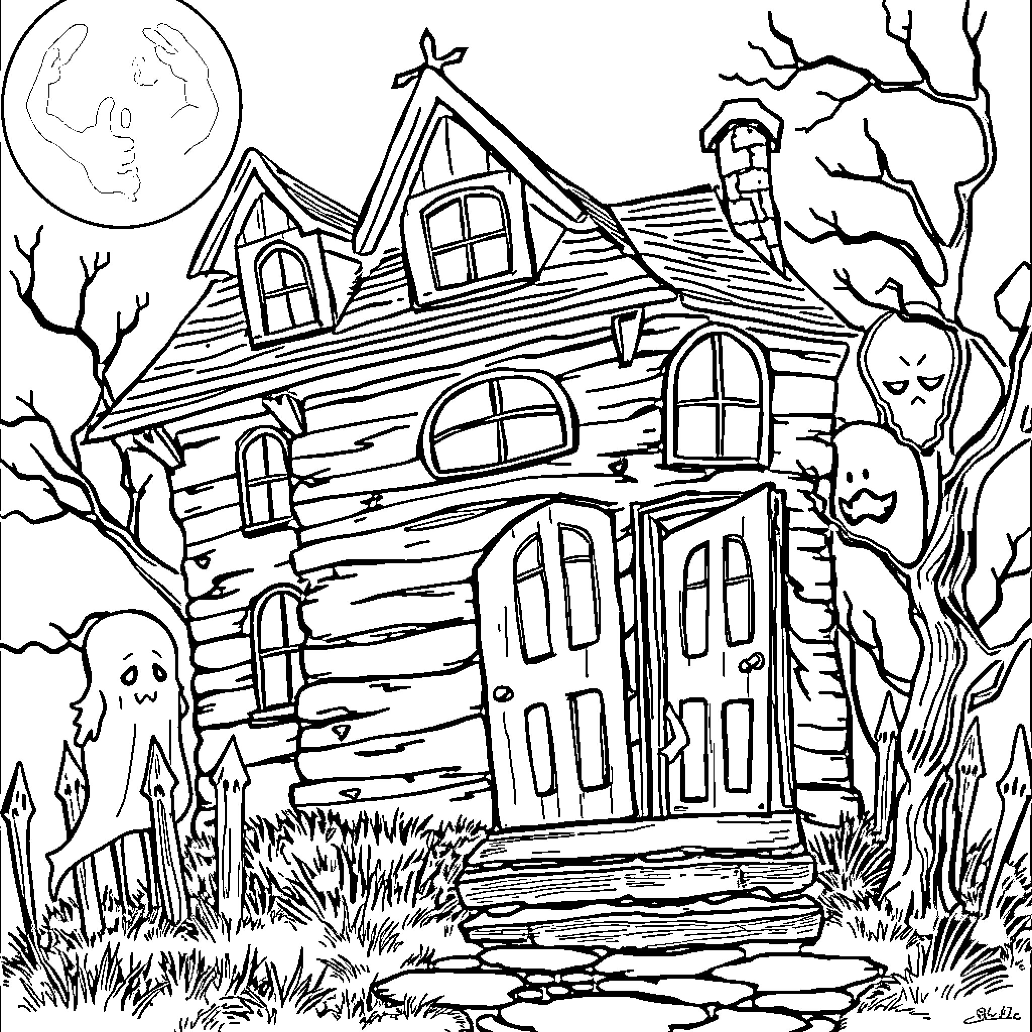 Haunted House with Ghostly Figures and Eerie Atmosphere Coloring Page (free black-and-white line drawing printable PDF for all, from beginners to advanced learners, including children, teens, adults, and seniors)