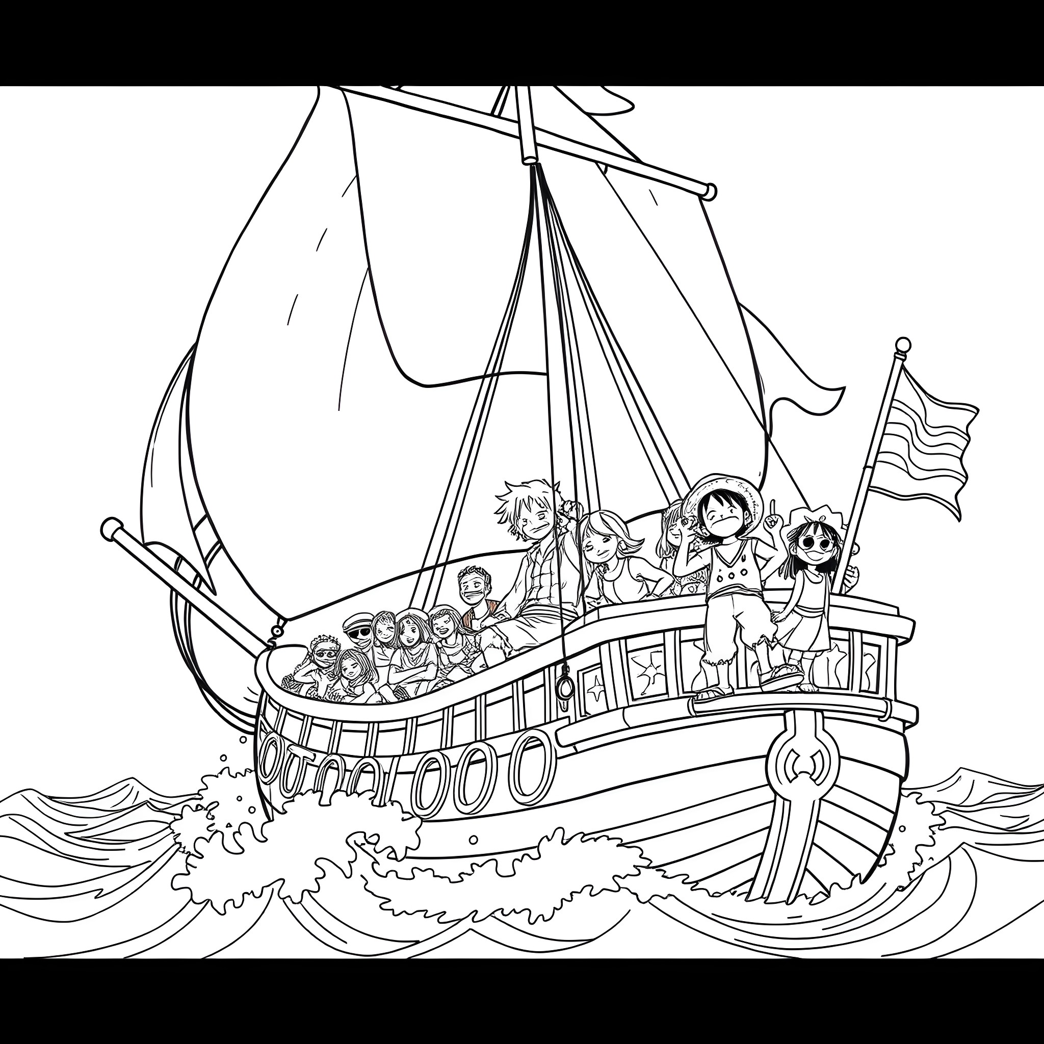 Luffy and friends sailing on a grand adventure Coloring Page (free black-and-white line drawing printable PDF for all, from beginners to advanced learners, including children, teens, adults, and seniors)