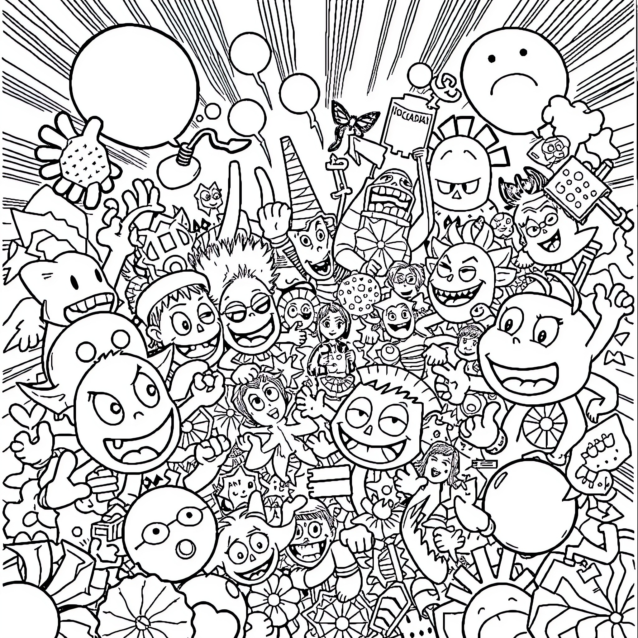 Comic Chaotic Crowd of Quirky Characters and Creatures Coloring Page (free black-and-white line drawing printable PDF for all, from beginners to advanced learners, including children, teens, adults, and seniors)