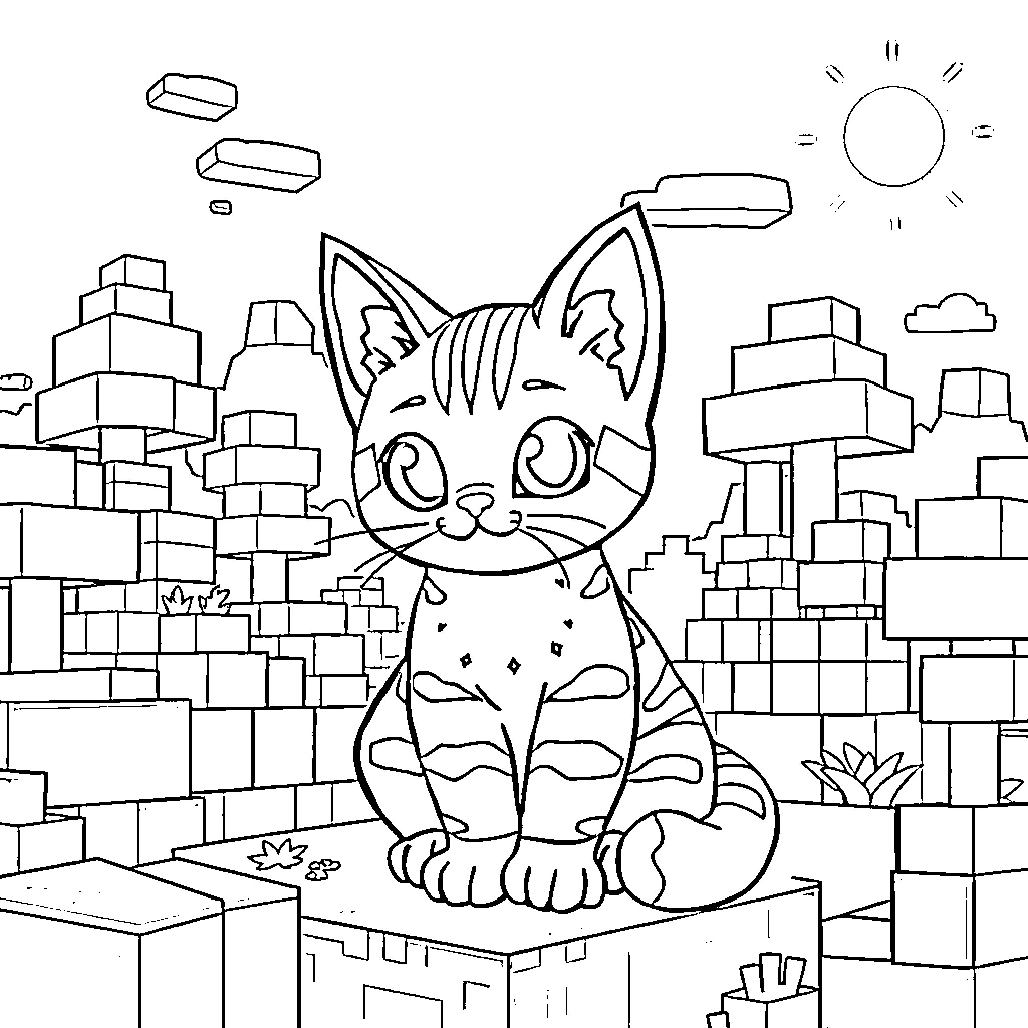 Cat sitting on a block in the city Coloring Page (free black-and-white line drawing printable PDF for all, from beginners to advanced learners, including children, teens, adults, and seniors)