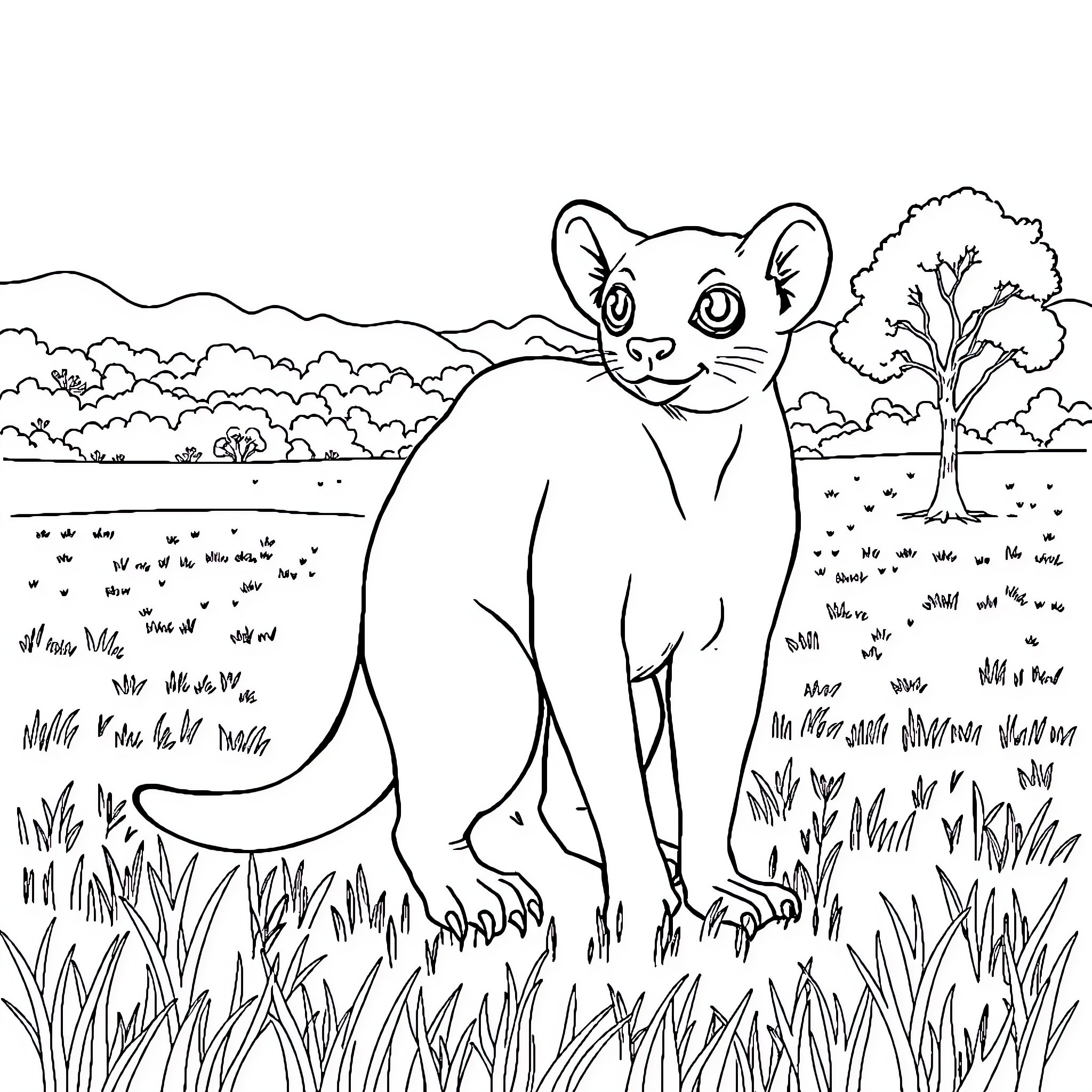 Kinkajou exploring the lush, natural environment Coloring Page (free black-and-white line drawing printable PDF for all, from beginners to advanced learners, including children, teens, adults, and seniors)