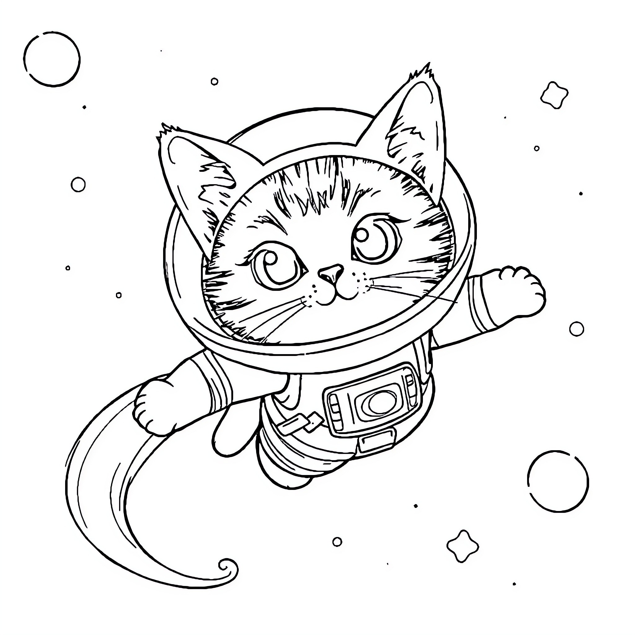 Cat astronaut exploring in space Coloring Page (free black-and-white line drawing printable PDF for all, from beginners to advanced learners, including children, teens, adults, and seniors)